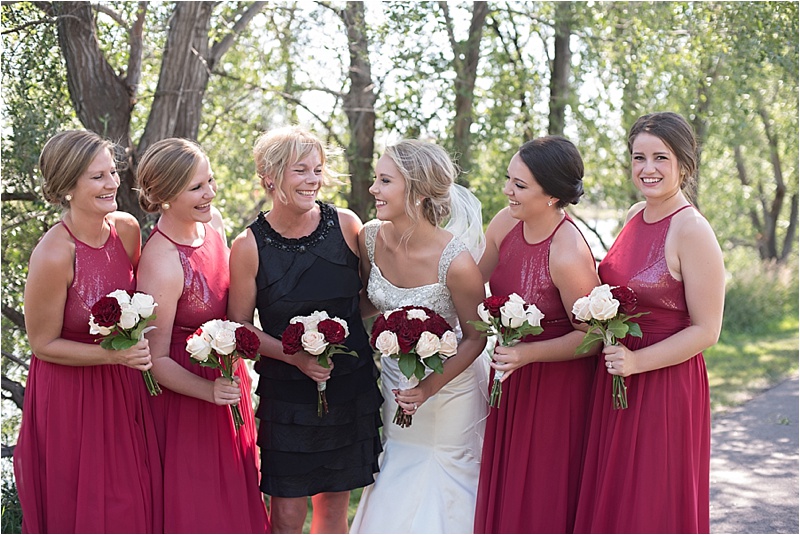 gray ivory and red bridesmaid dresses