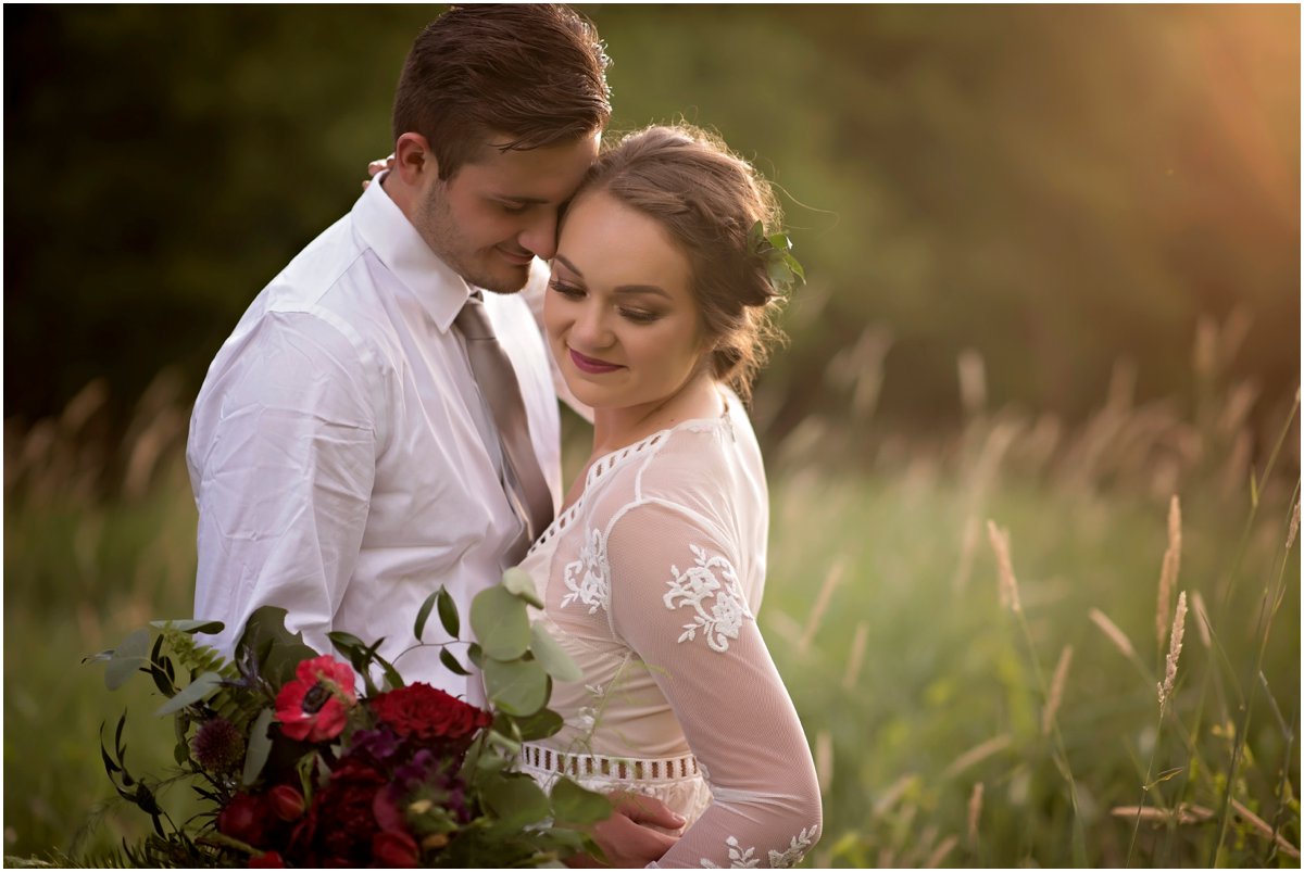 sunset field bridal portraits with bouquet