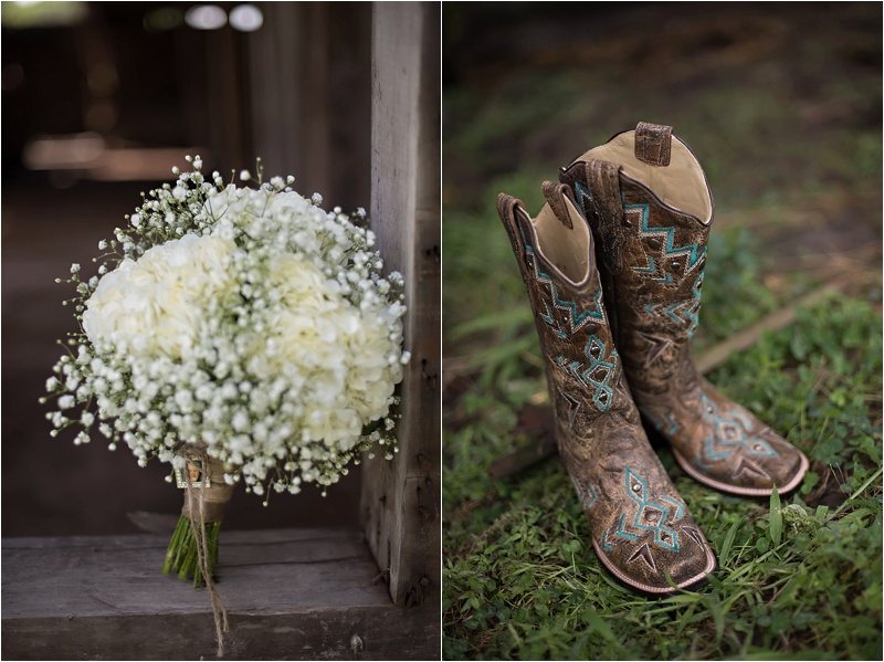 baby's breath bouquet and cowboy boots for country wedding