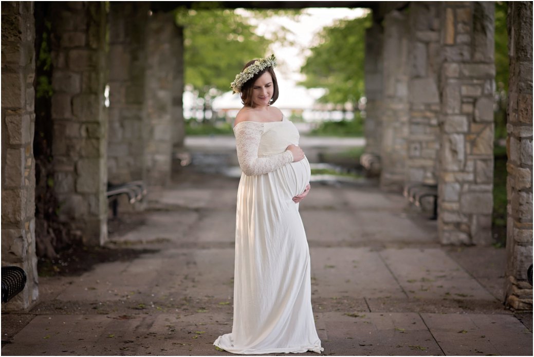 Maternity session in maternity dress in Jane Addams Memorial Park with floral crown