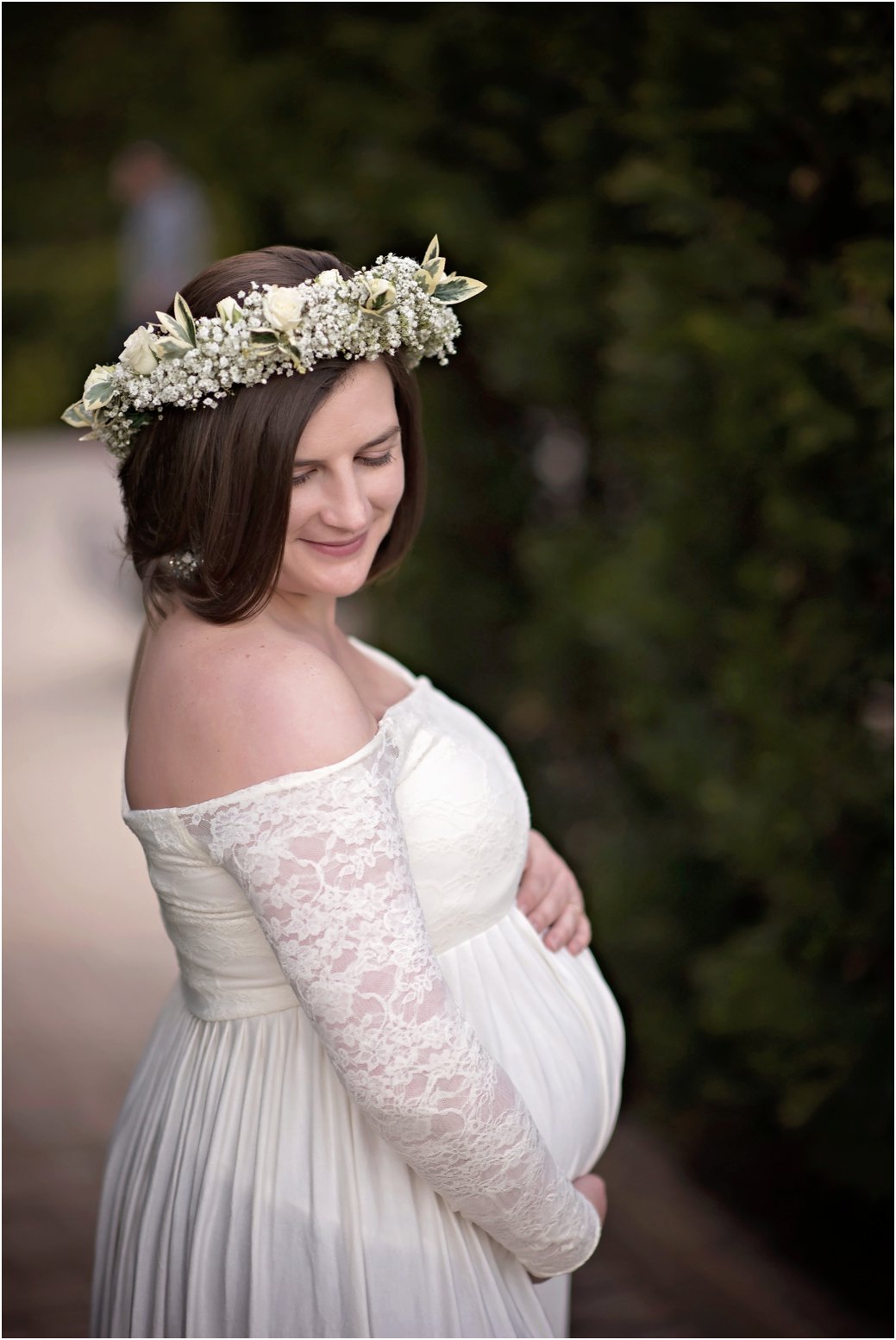 Maggie Daley Park white lace maternity dress maternity session floral crown Chicago IL