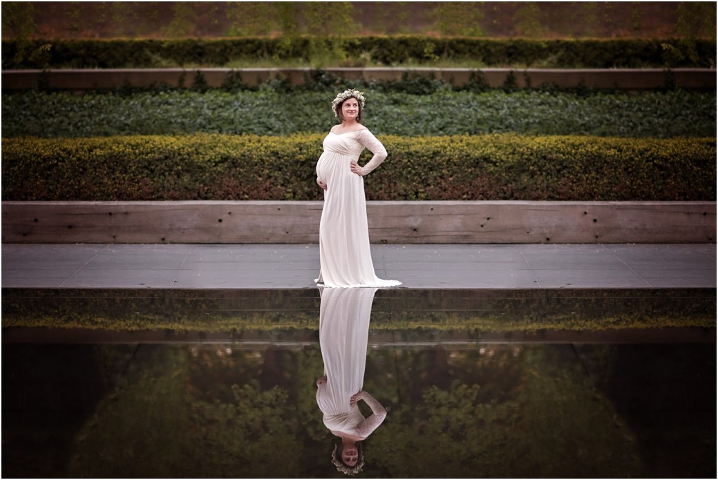 Maggie Daley Park white lace maternity dress maternity session floral crown Chicago IL reflection