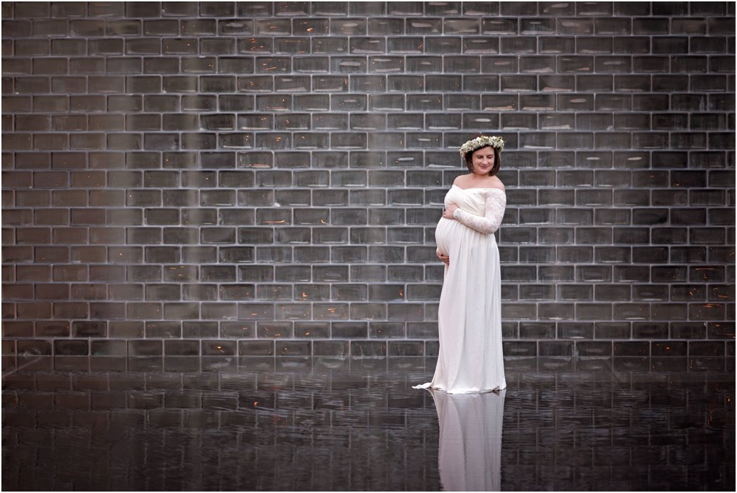 Maggie Daley Park white lace maternity dress maternity session floral crown Chicago IL downtown