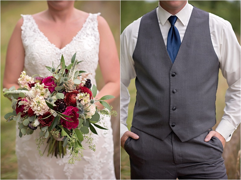 rustic glam wedding details with red and burgundy bouquet with navy and gray suit