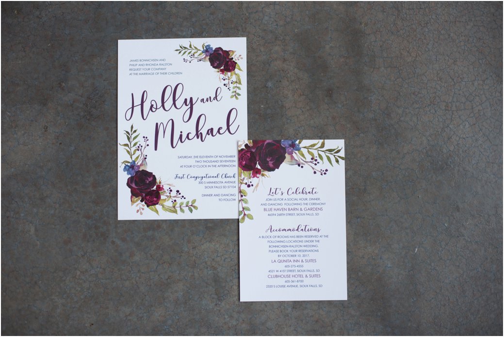 Boho floral plum and blush wedding invitation suite