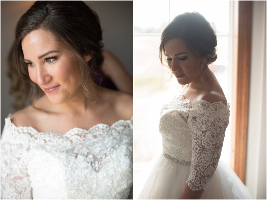 deconstructed updo and lace off the shoulder wedding dress