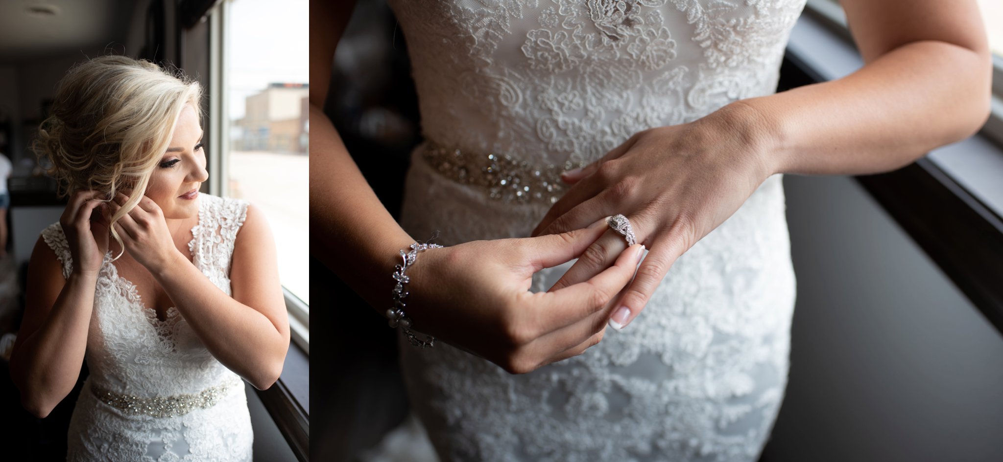 bride puts on wedding ring and earrings