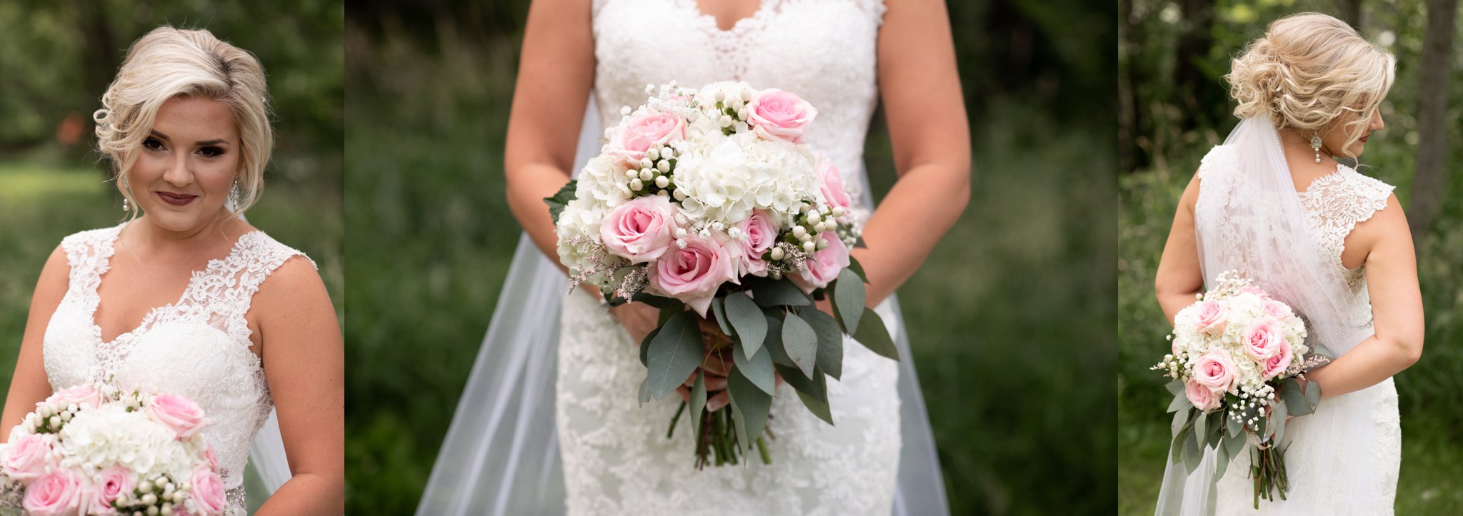 pink roses with white hydrangeas and baby’s breath bridal bouquet bride portraits