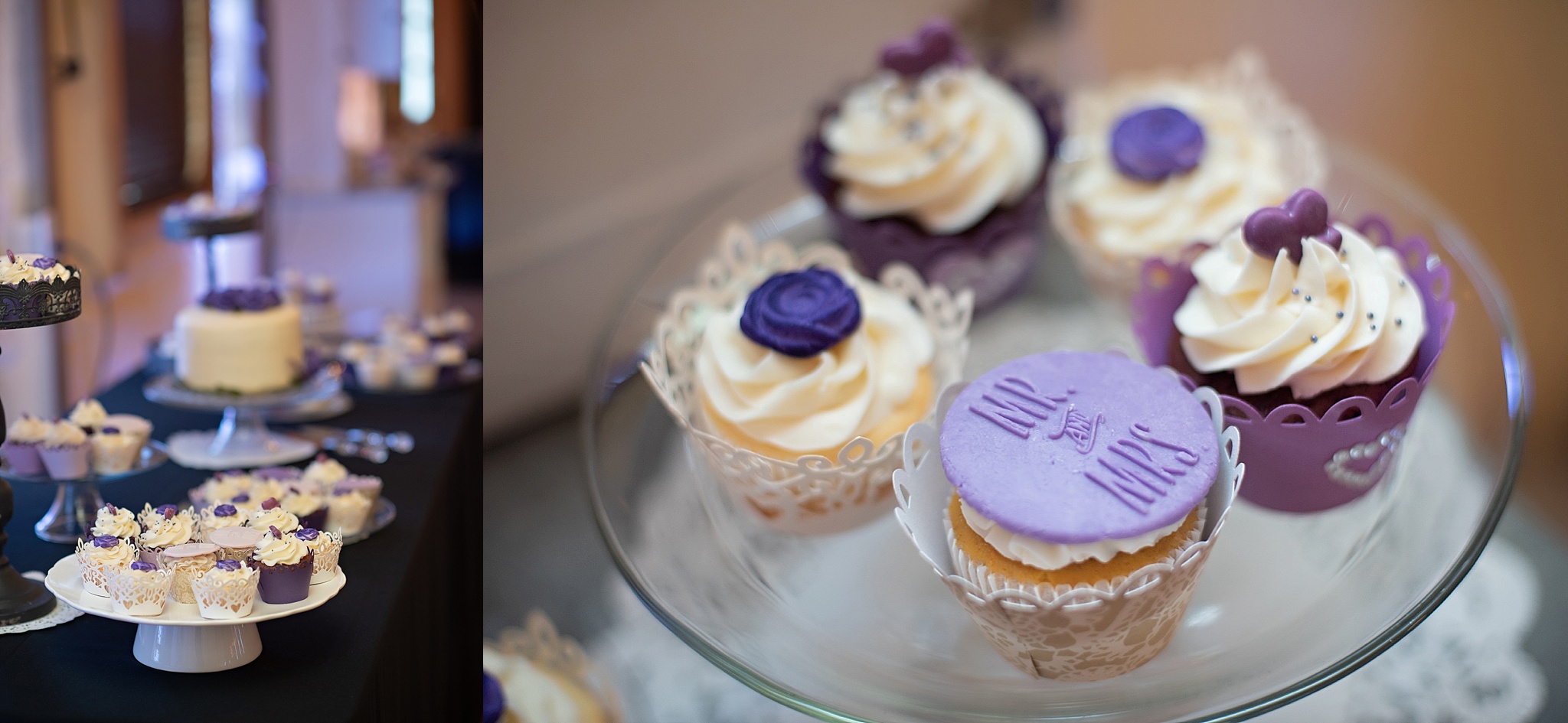 purple accent wedding cake and cupcakes