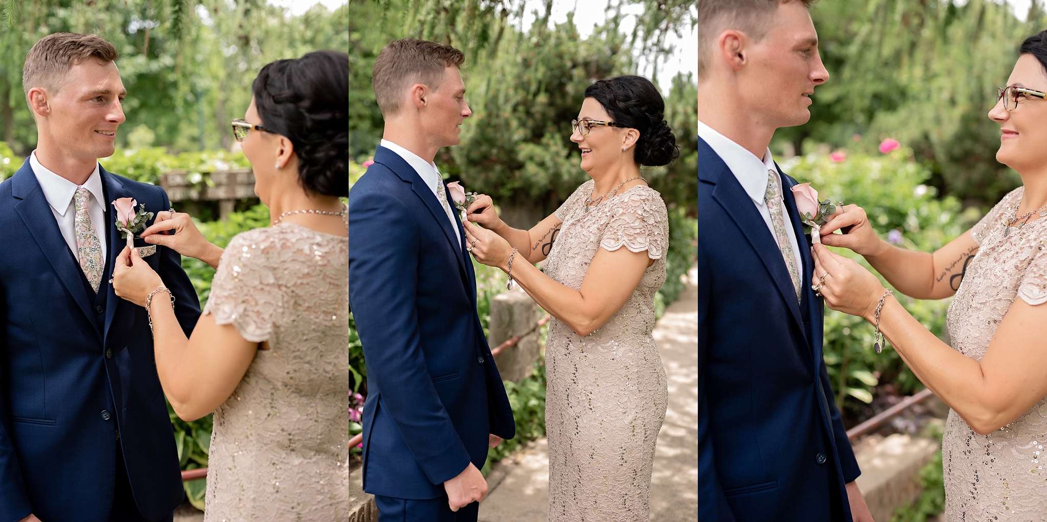 mother of the groom pins on his blush rose boutonniere garden park wedding 