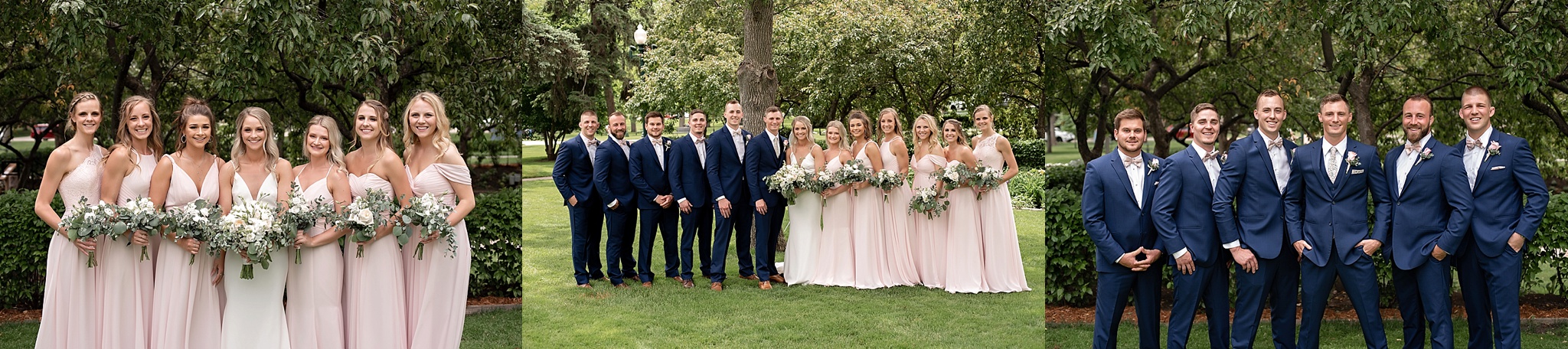 wedding party at garden wedding in south dakota blue suits with blush bridesmaids dresses