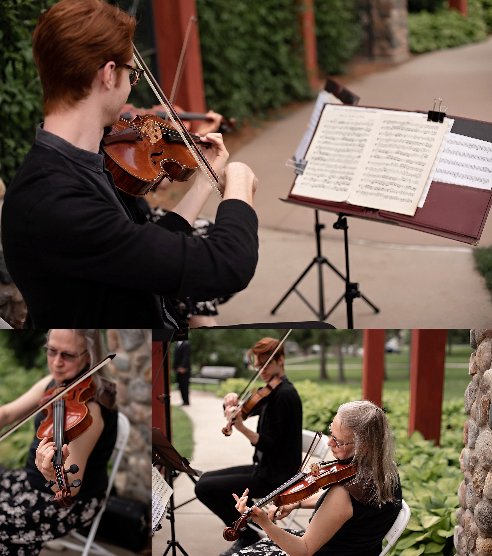 duet plays violin viola at wedding ceremony garden park wedding