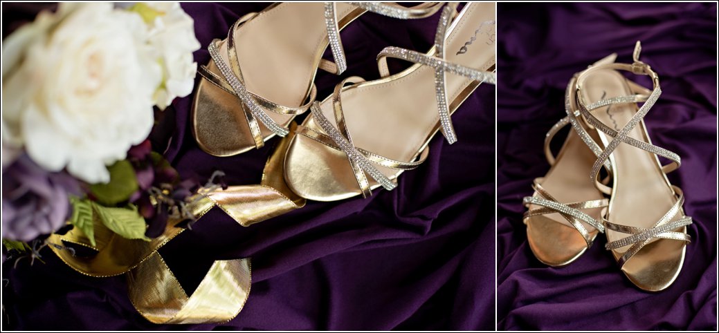 gold and purple wedding shoes details