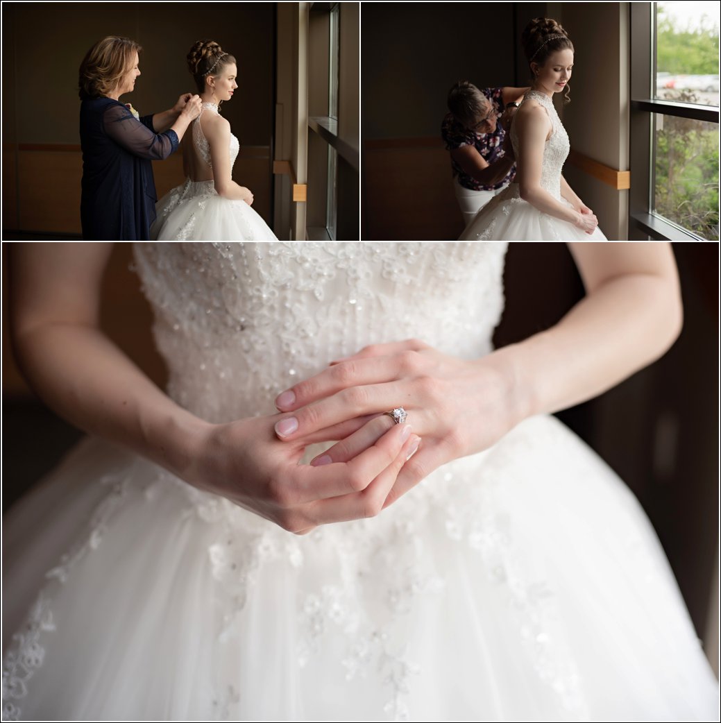 bride gets dressed in beaded ballgown
