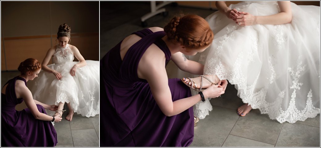 maid of honor helps bride put on shoes