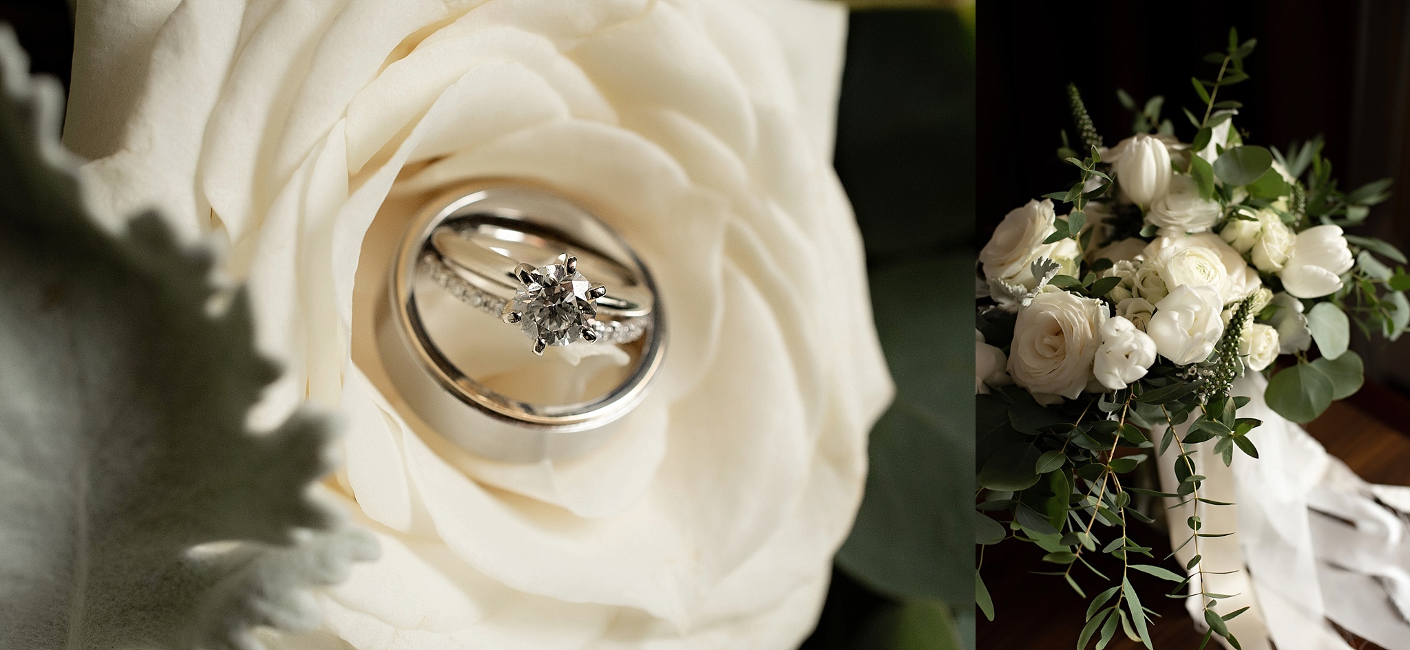 white bridal bouquet and solitaire wedding band set
