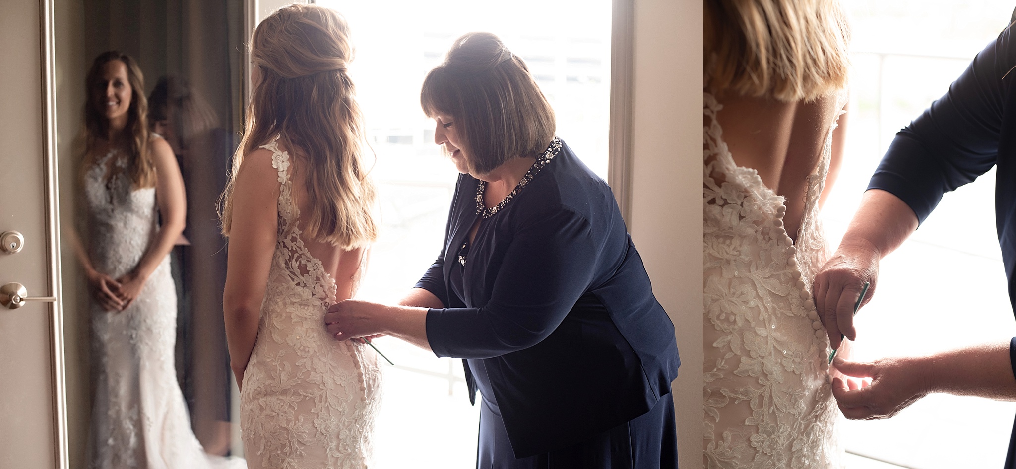 mom helps bride into her wedding dress