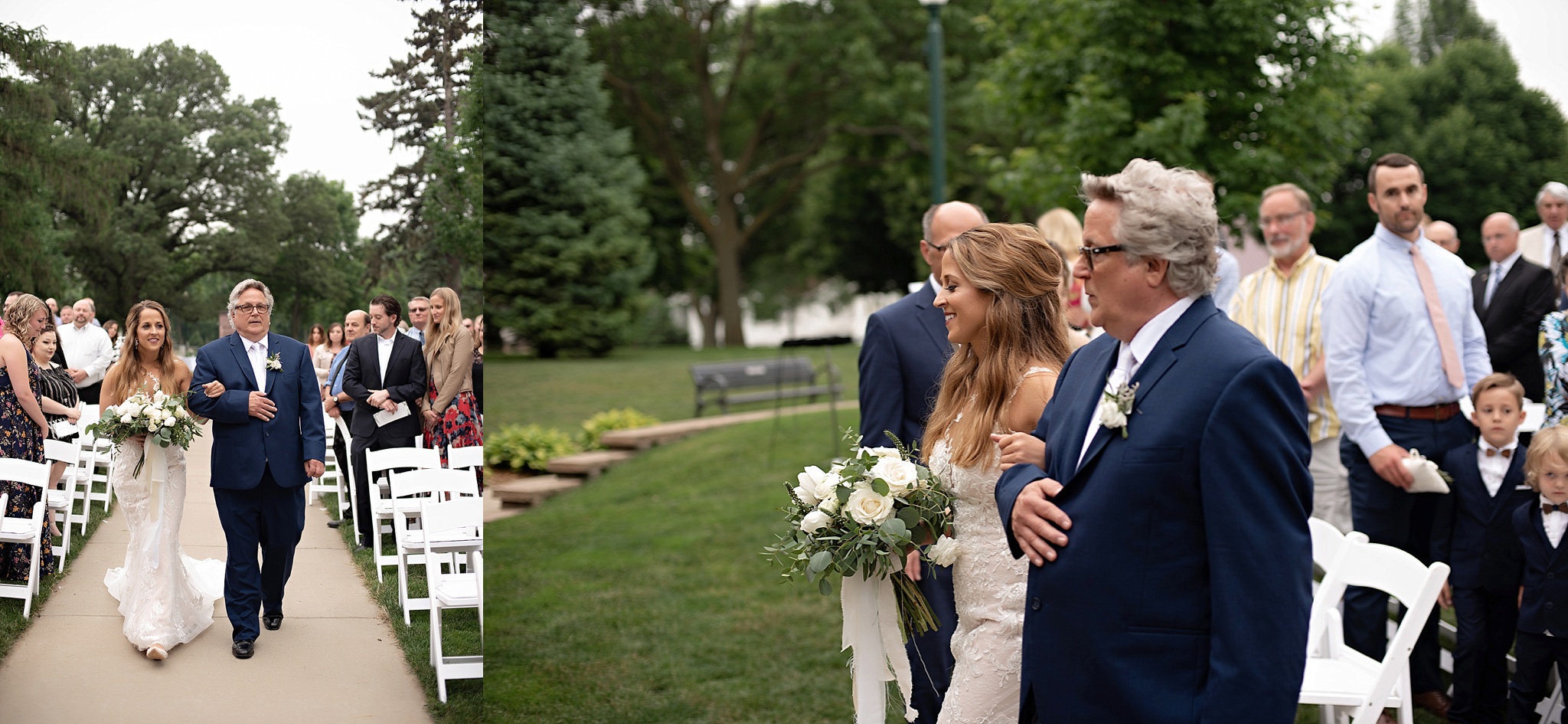 father of the bride walks the bride down the aisle in garden wedding