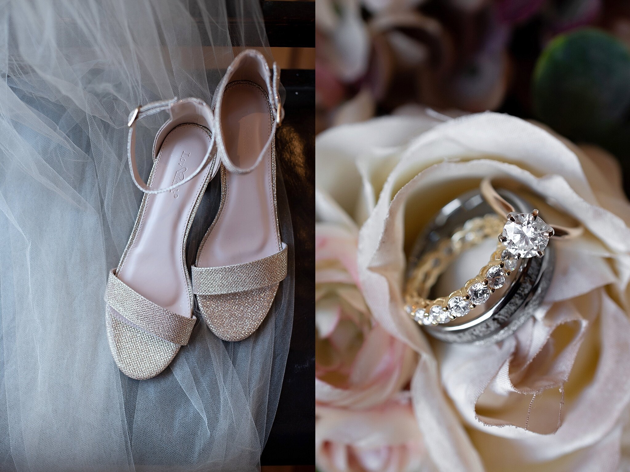 champagne sparkle wedding shoes and wedding ring set