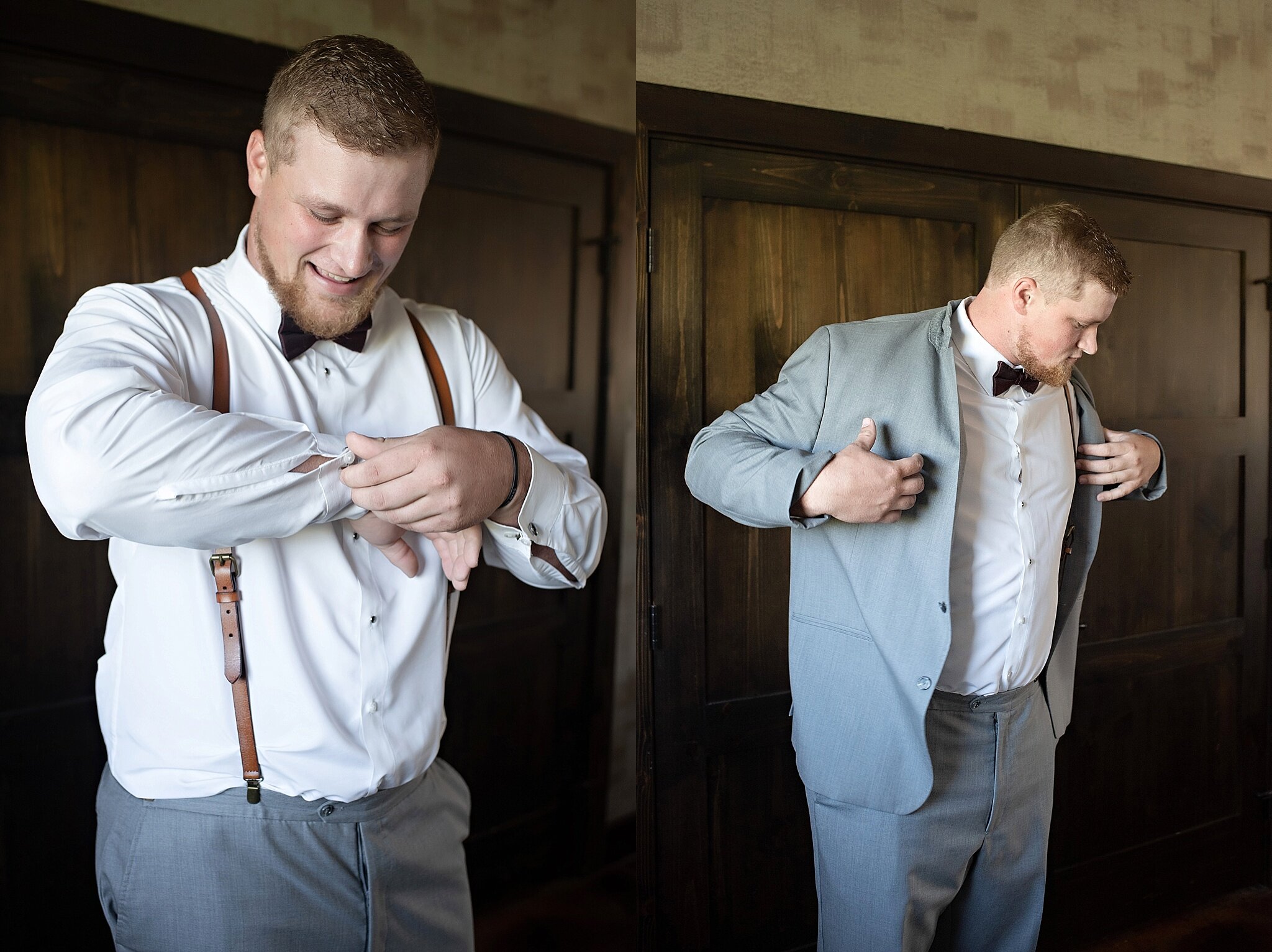 groom gets dressed gray suit with brown leather suspenders