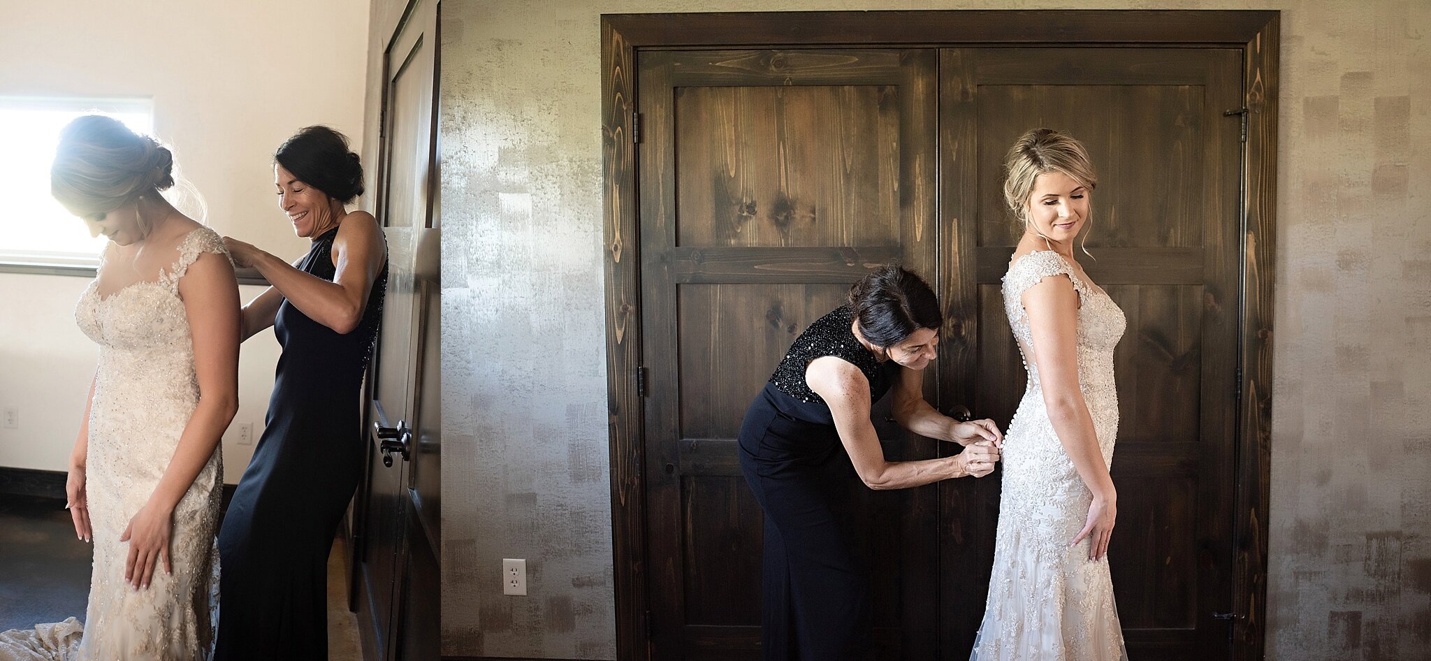 mother of the bride in black gown helps bride get ready inwood iowa