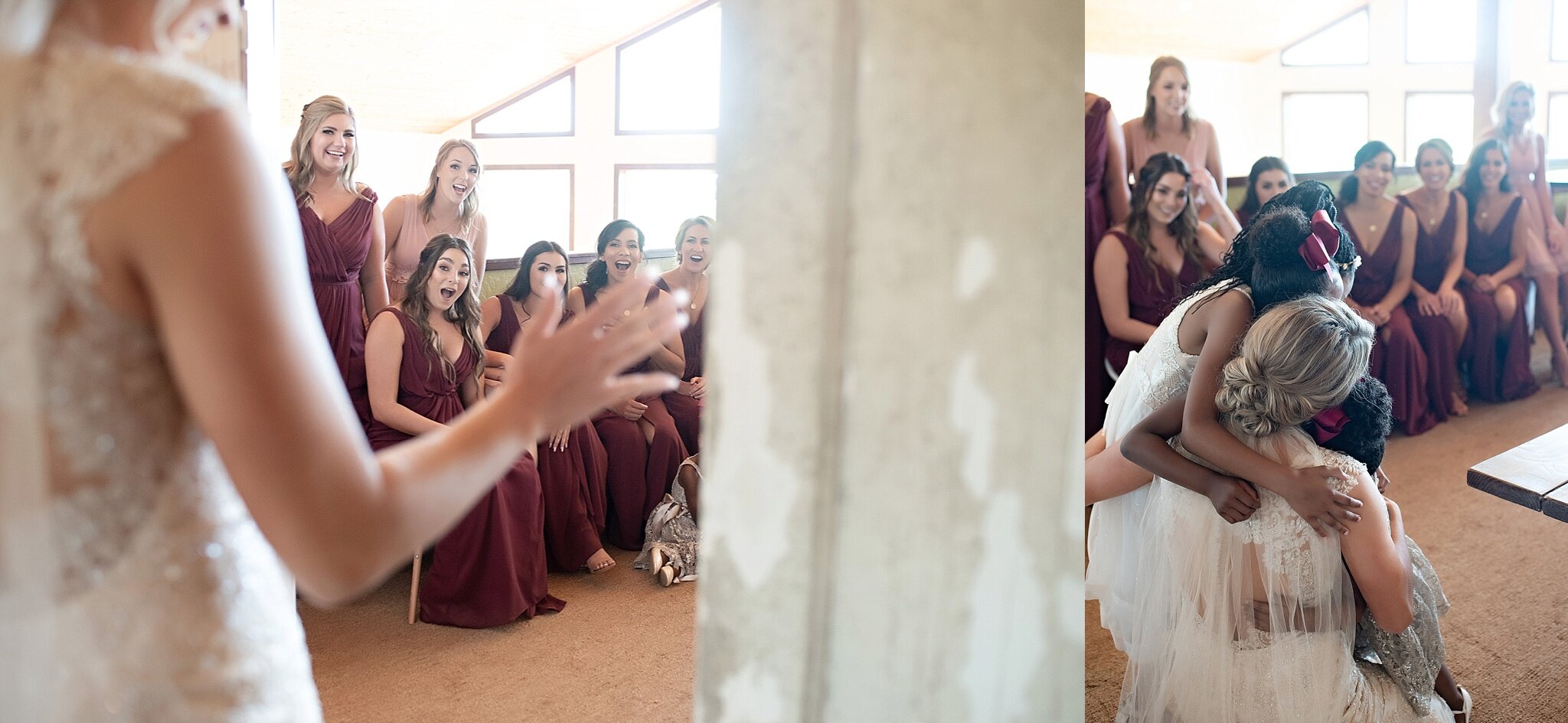 bride shows bridesmaids her final look on her wedding day