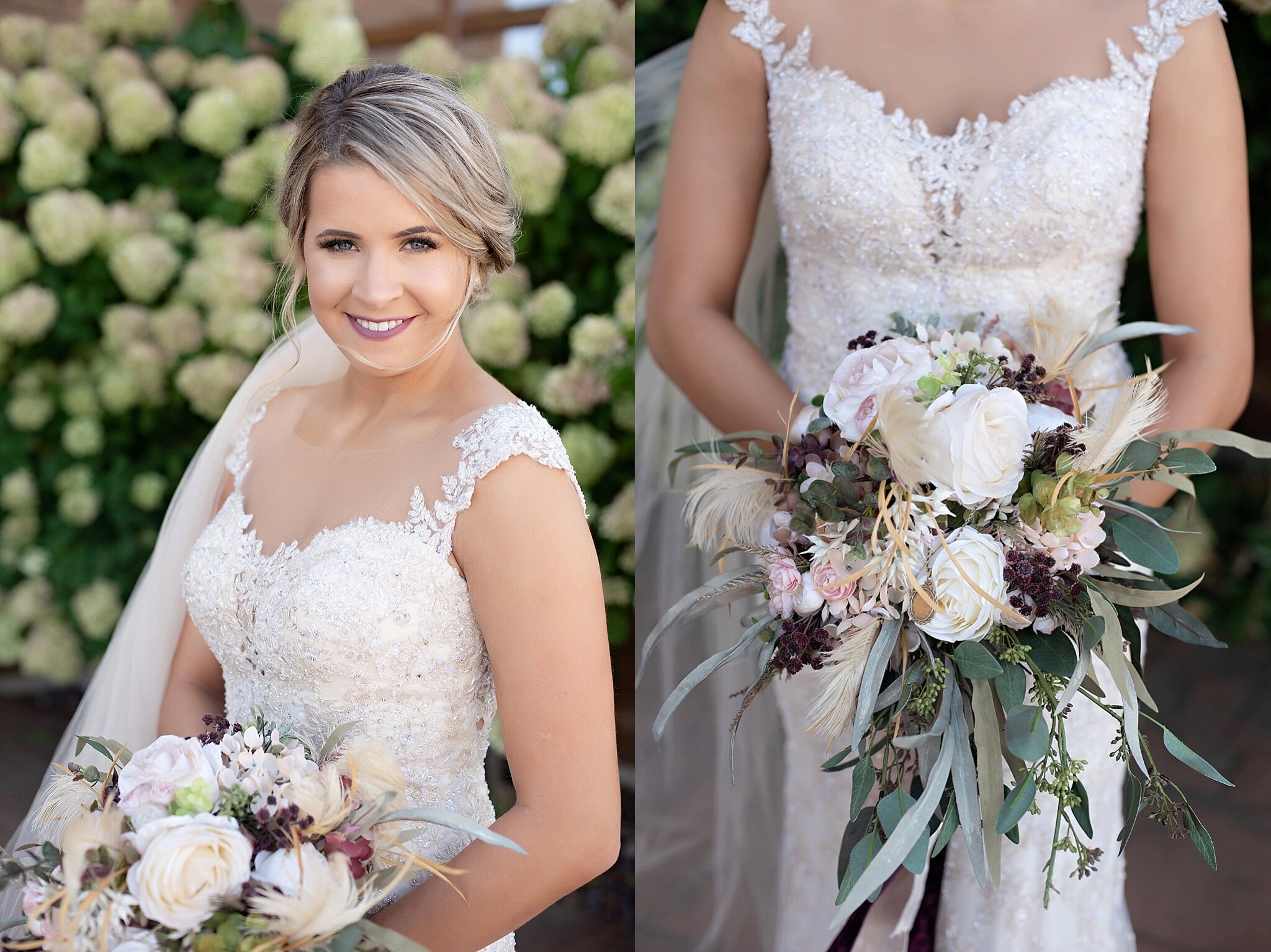 lace bridal gown and burgundy and blush florals