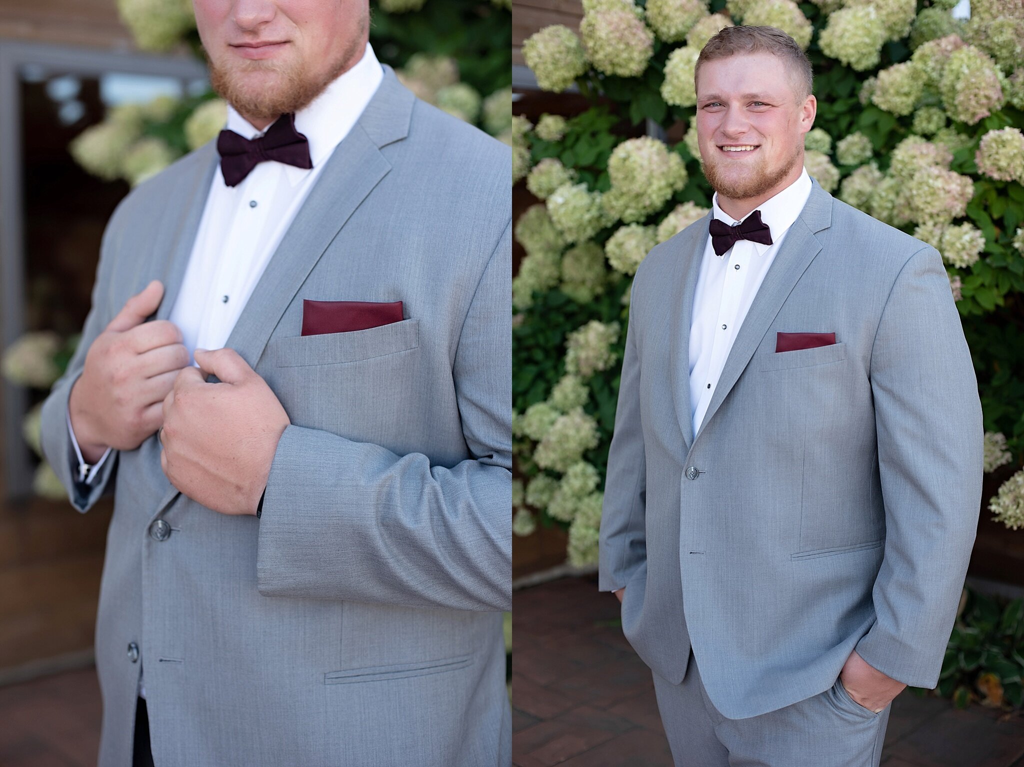 gray groom suit with burgundy pocket square and bow tie