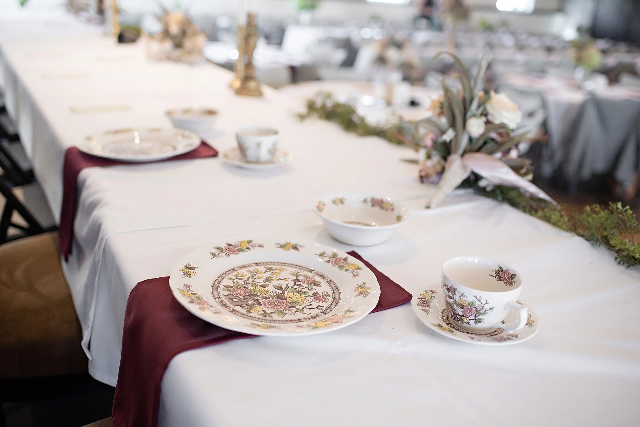 vintage china at the head table vineyard wedding