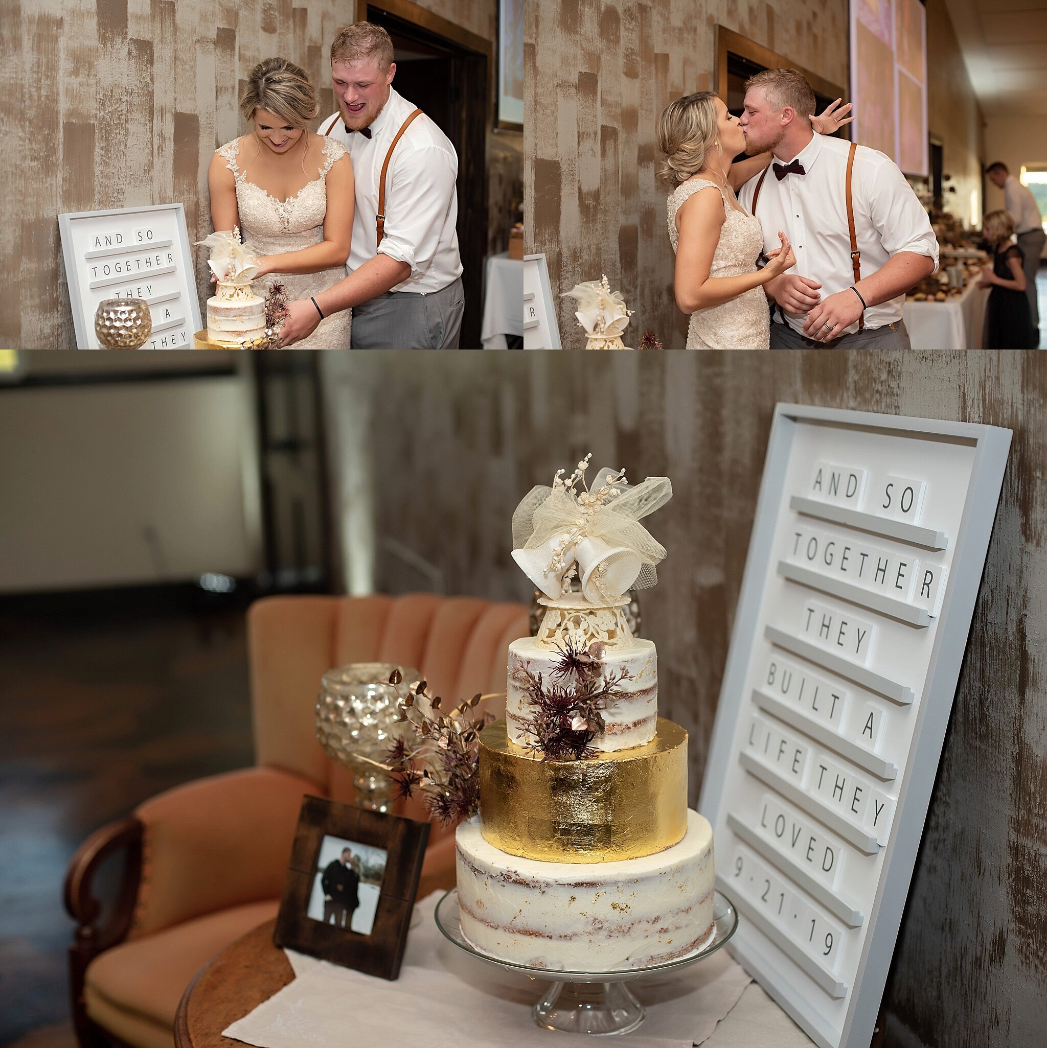 bride and groom cut three tier gold foil cake