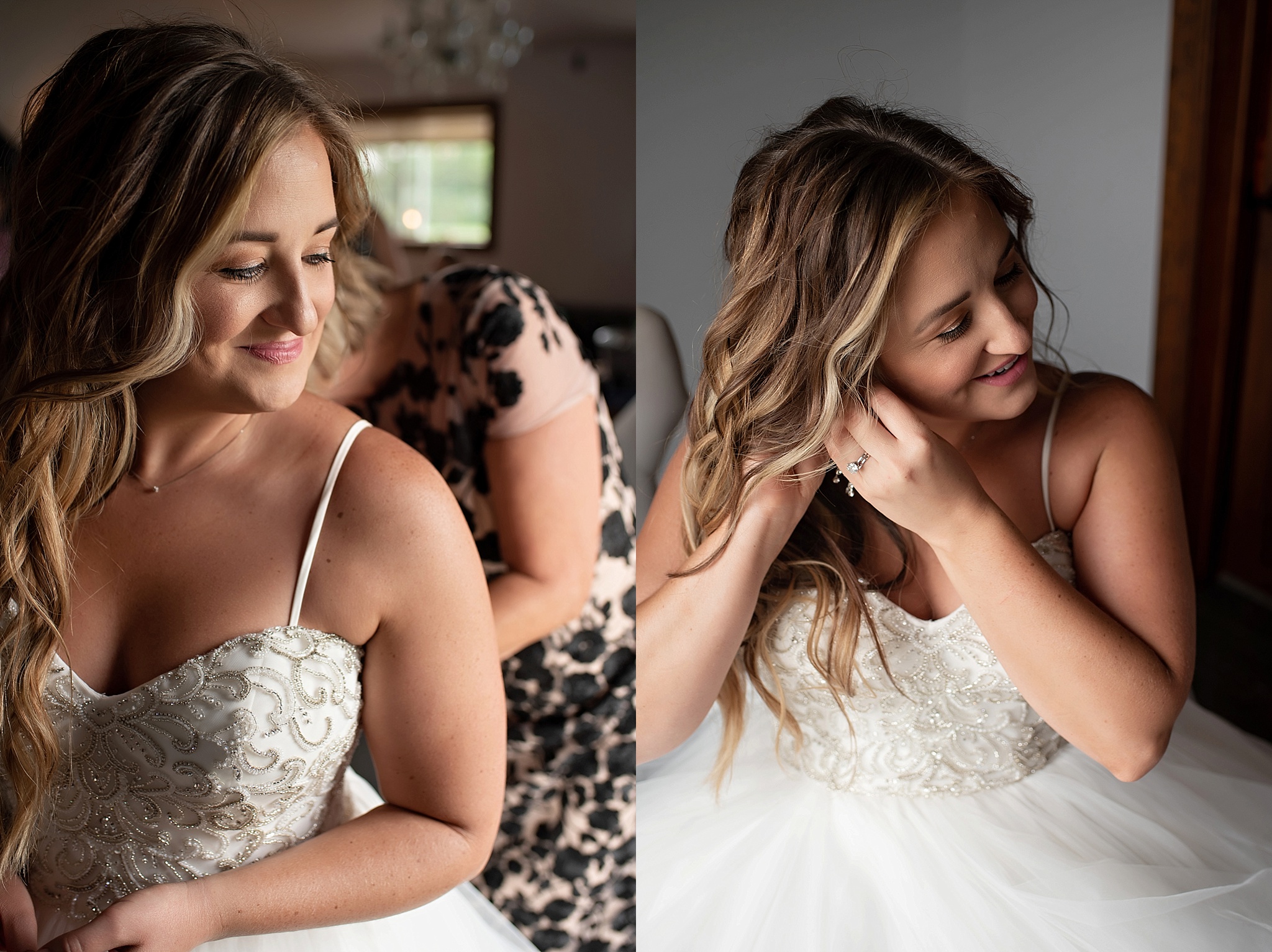 bride puts in her earrings on her wedding day