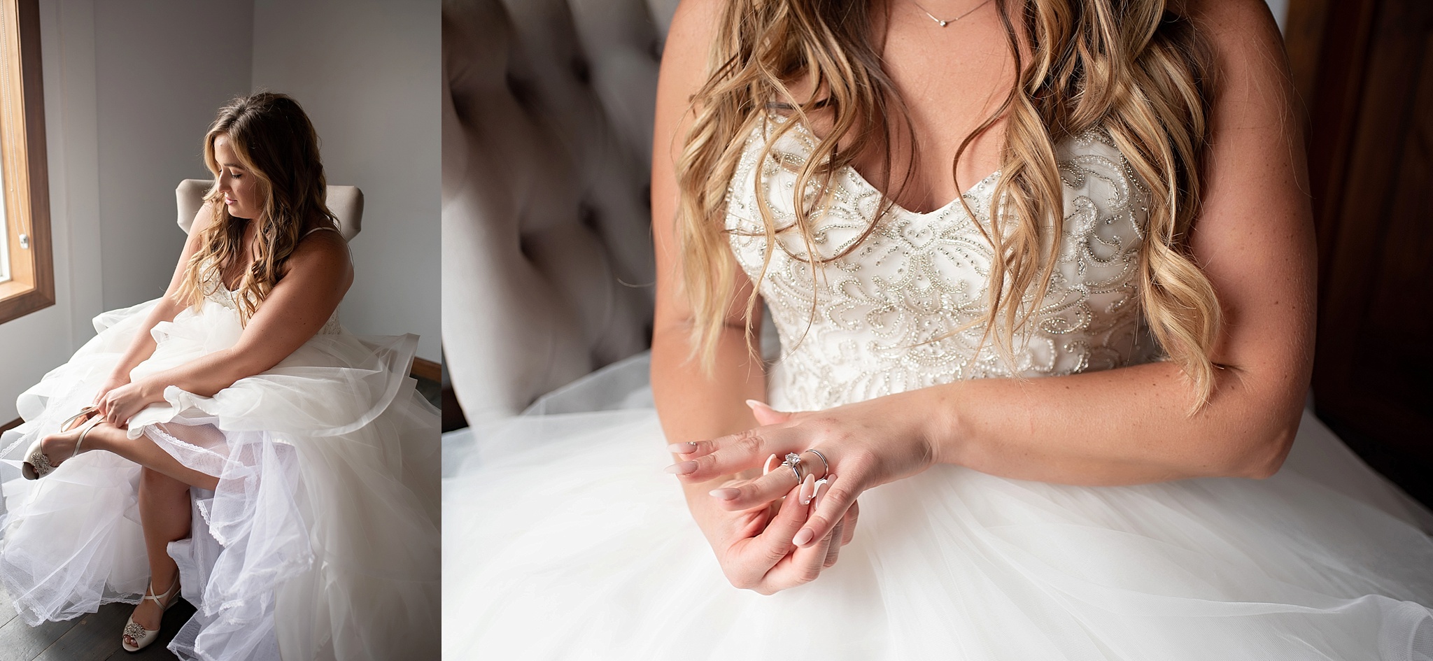 bride puts on her shoes and wedding ring set on her wedding day