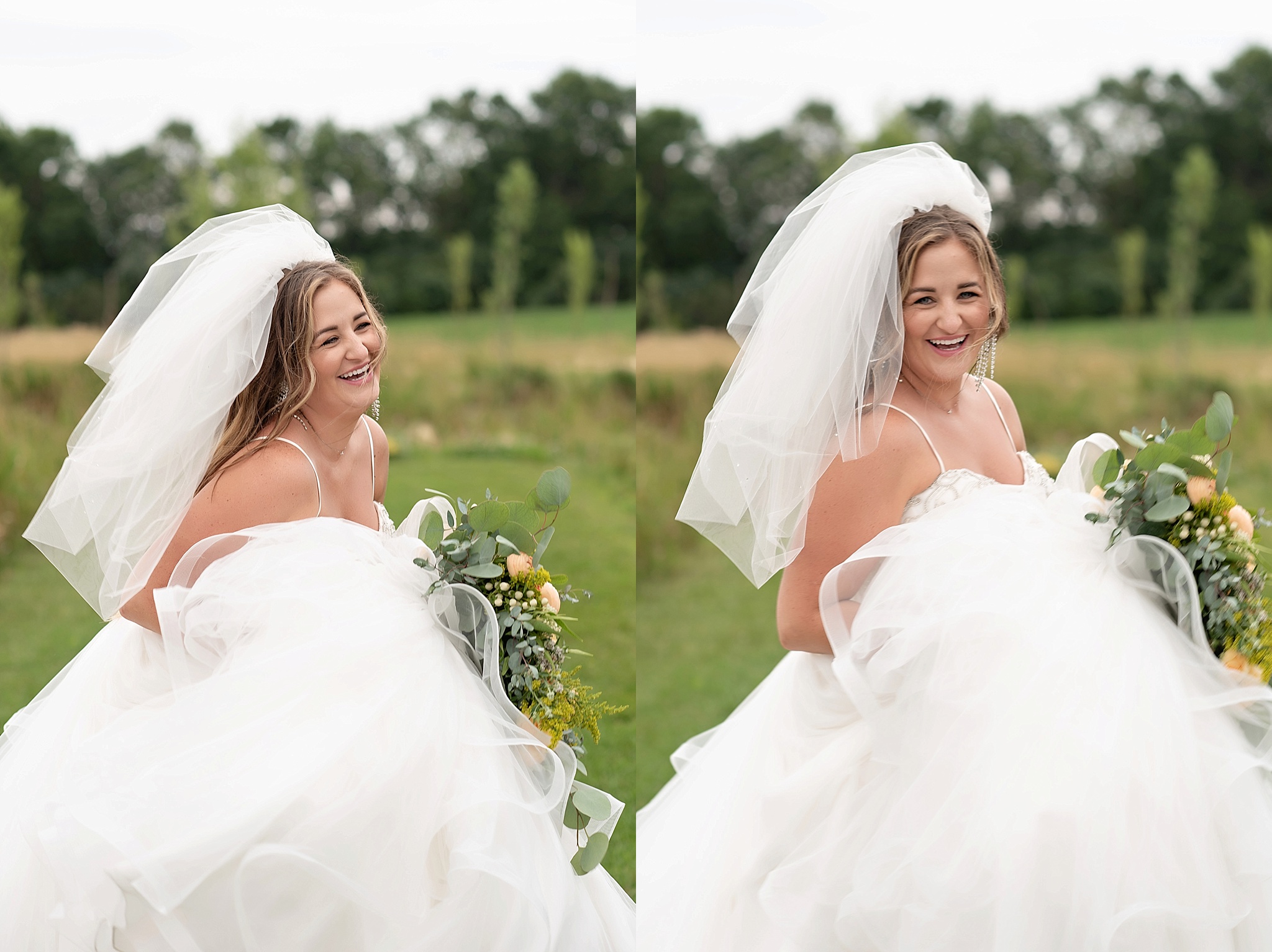 happy bride twirls in her dress mid length veil