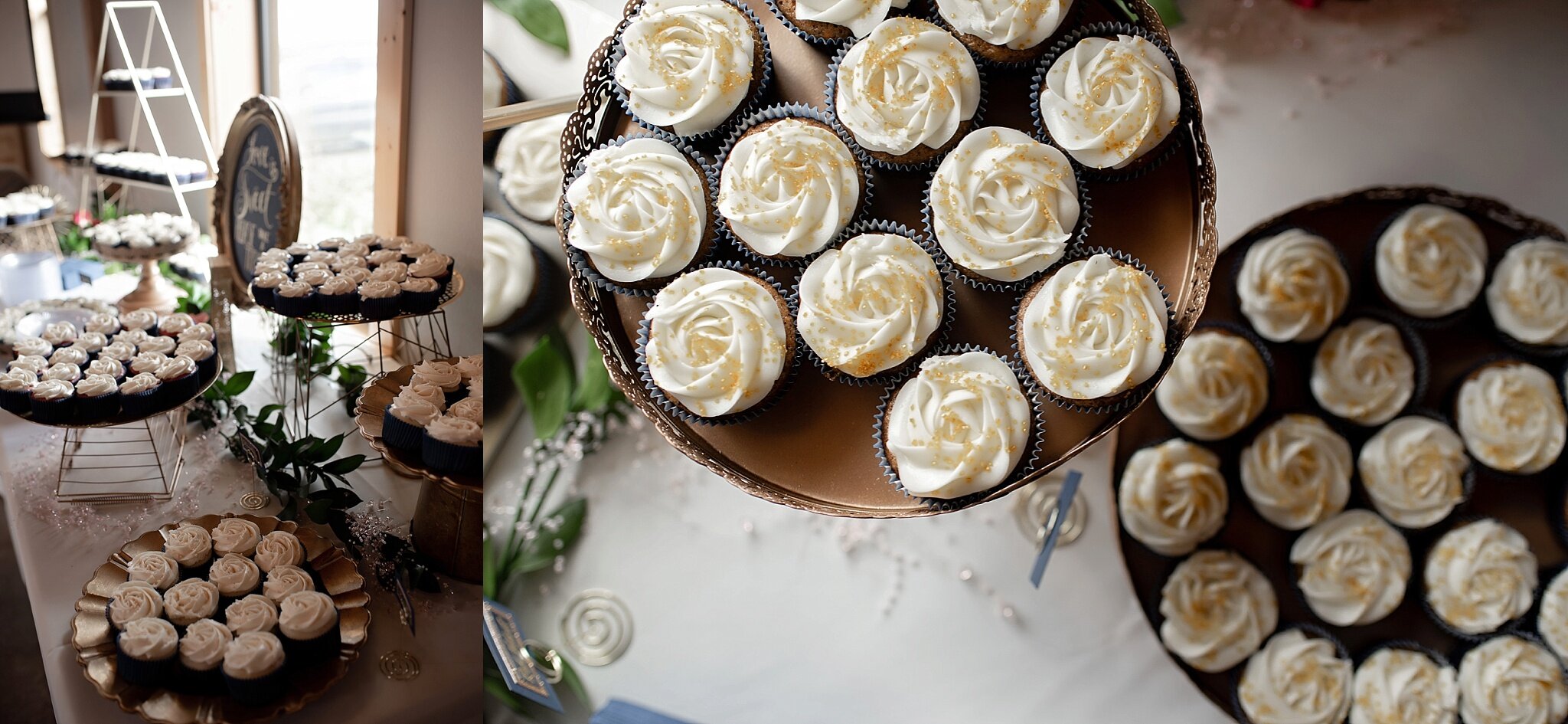white cupcakes with gold glitter embellishments