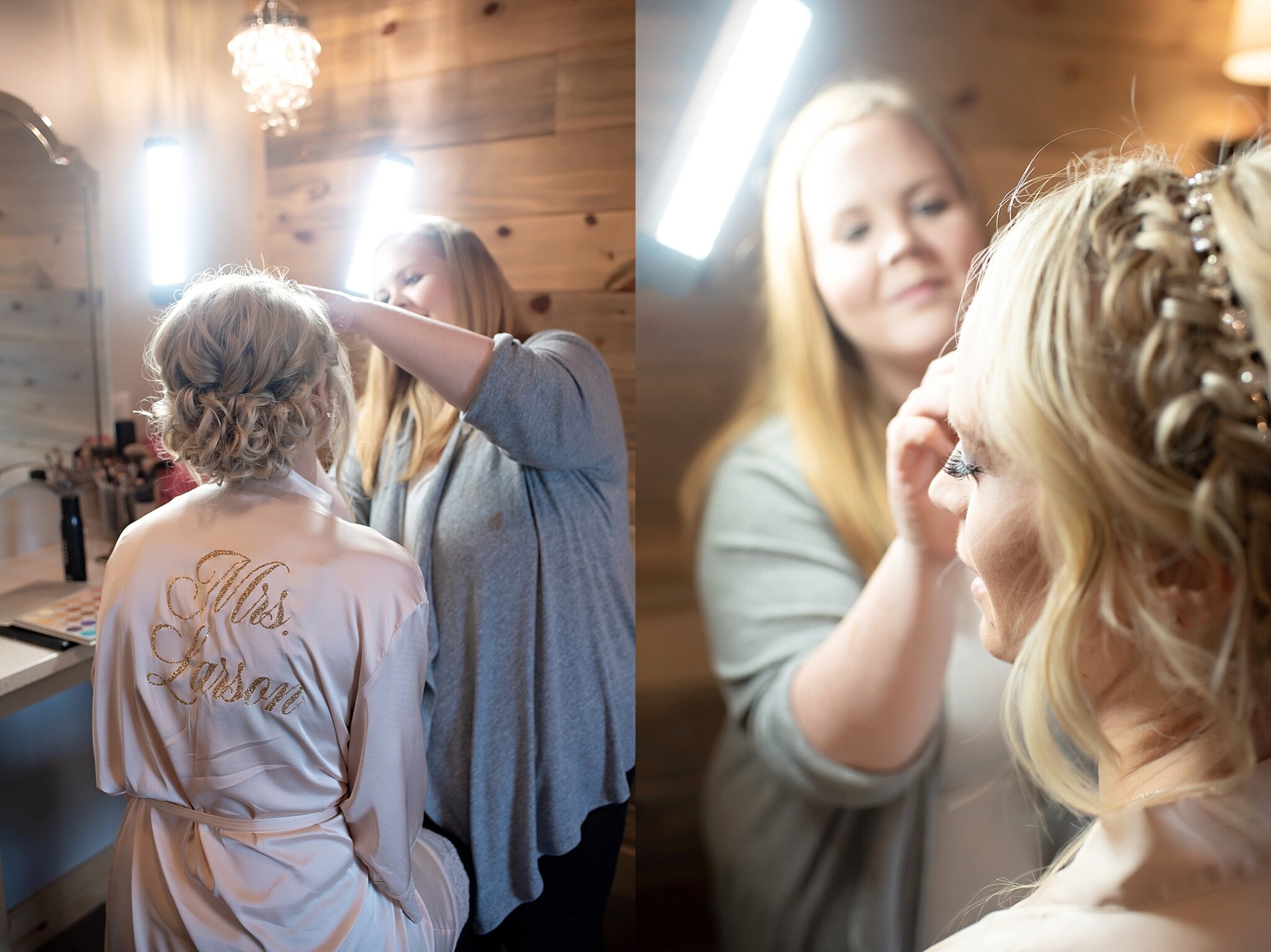 bride gets her makeup done meadow barn at country orchards bridal suite