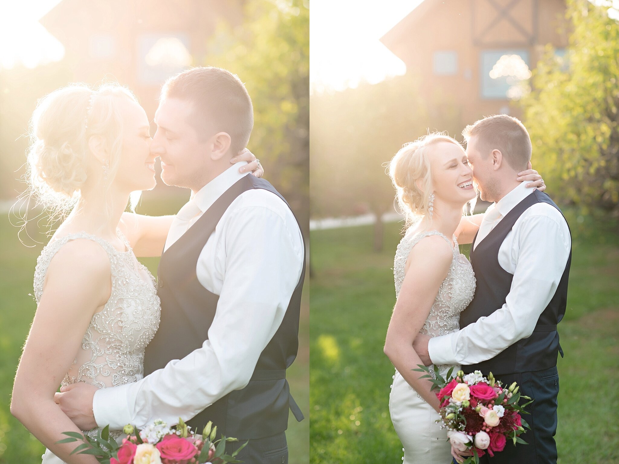 bride and groom sunset portraits in apple orchard fall wedding south dakota