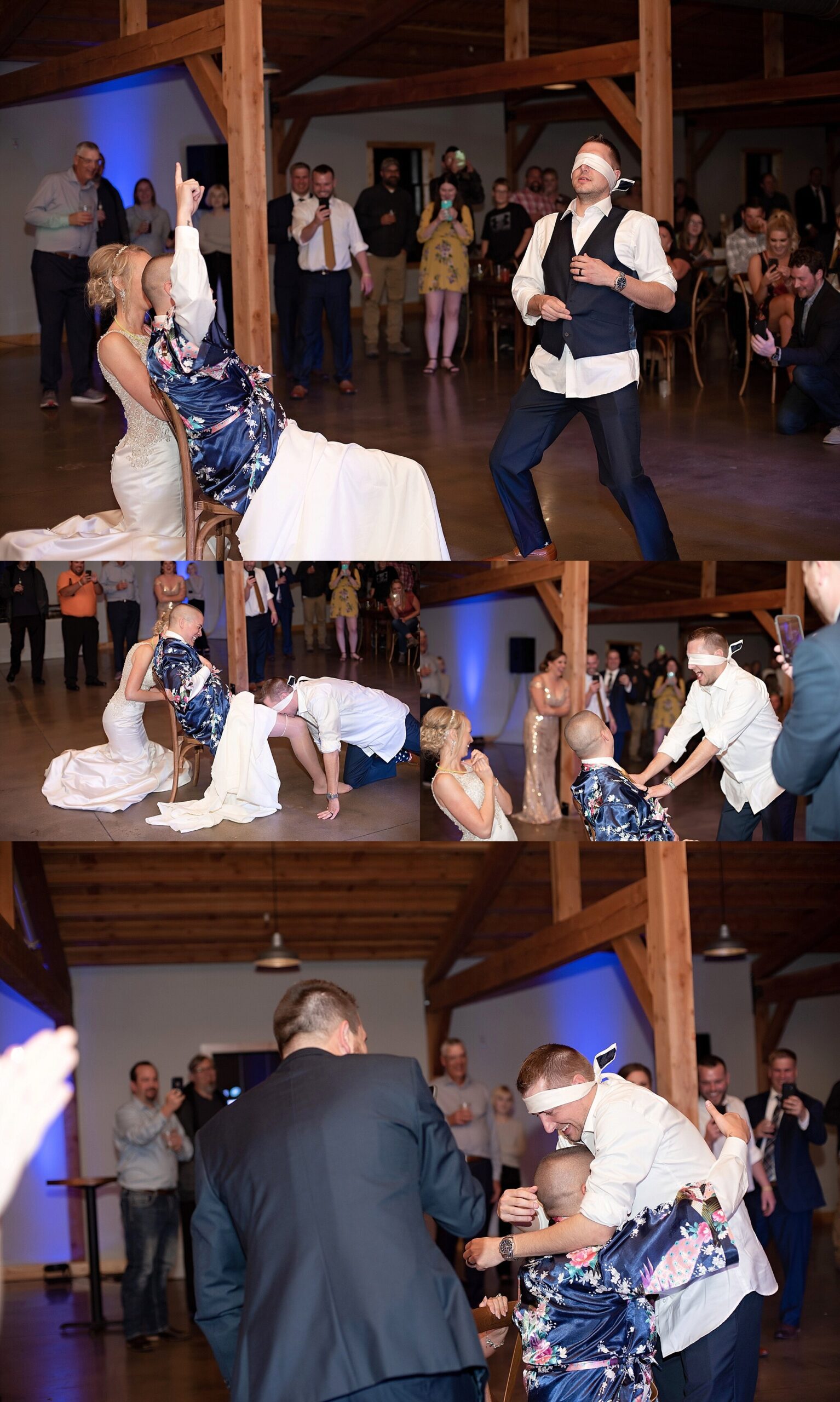 groomsman pretends to be bride for the removal of the garter groom blindfolded