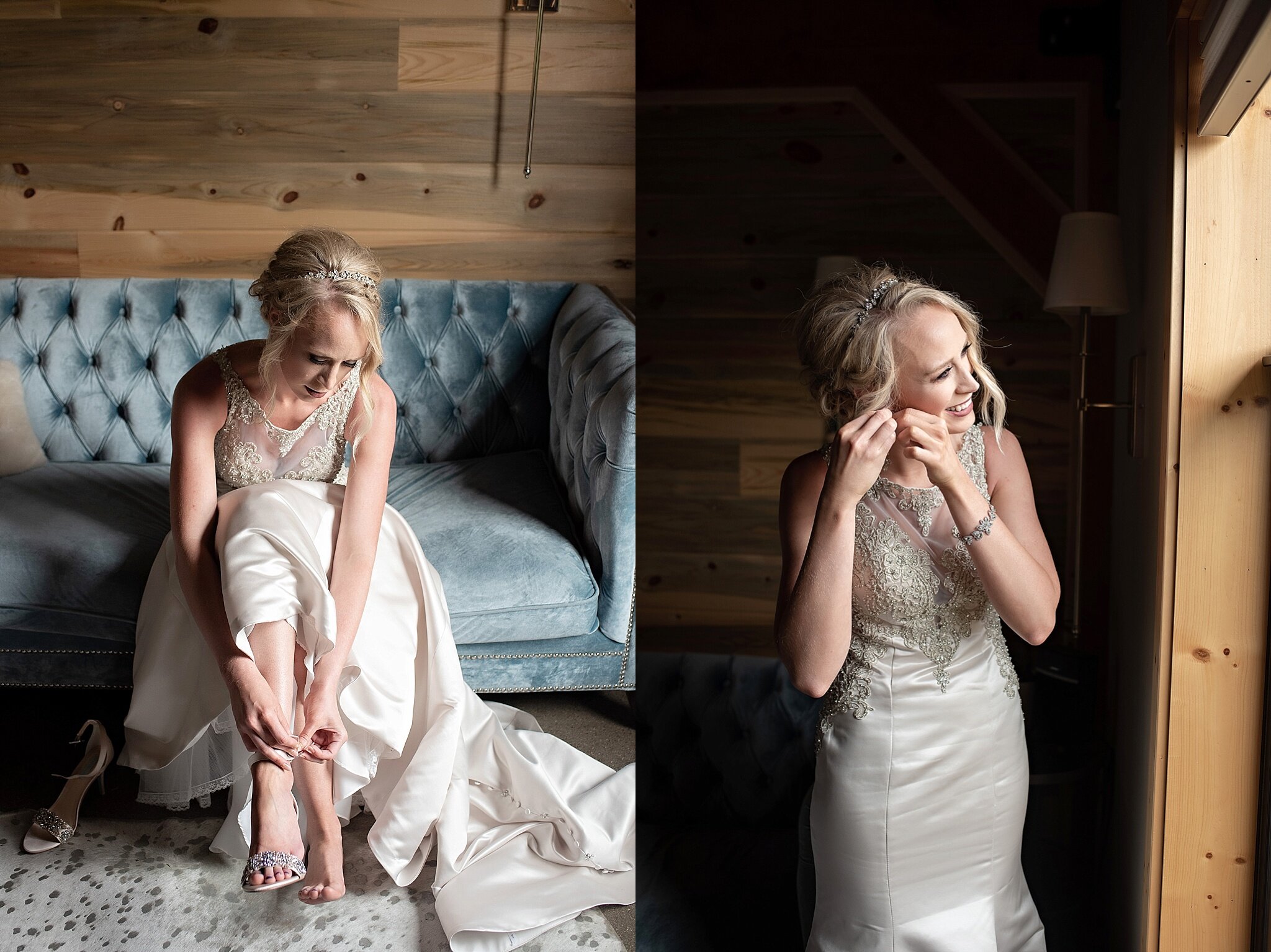 ellie stone bridal wedding gown bride puts on her shoes on blue couch bridal suite meadow barn