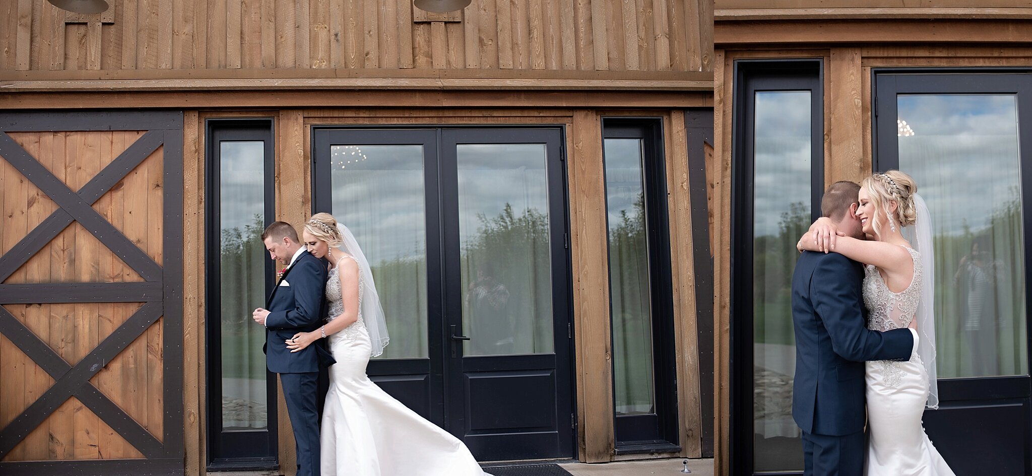 bride and groom first look at meadow barn at country orchards