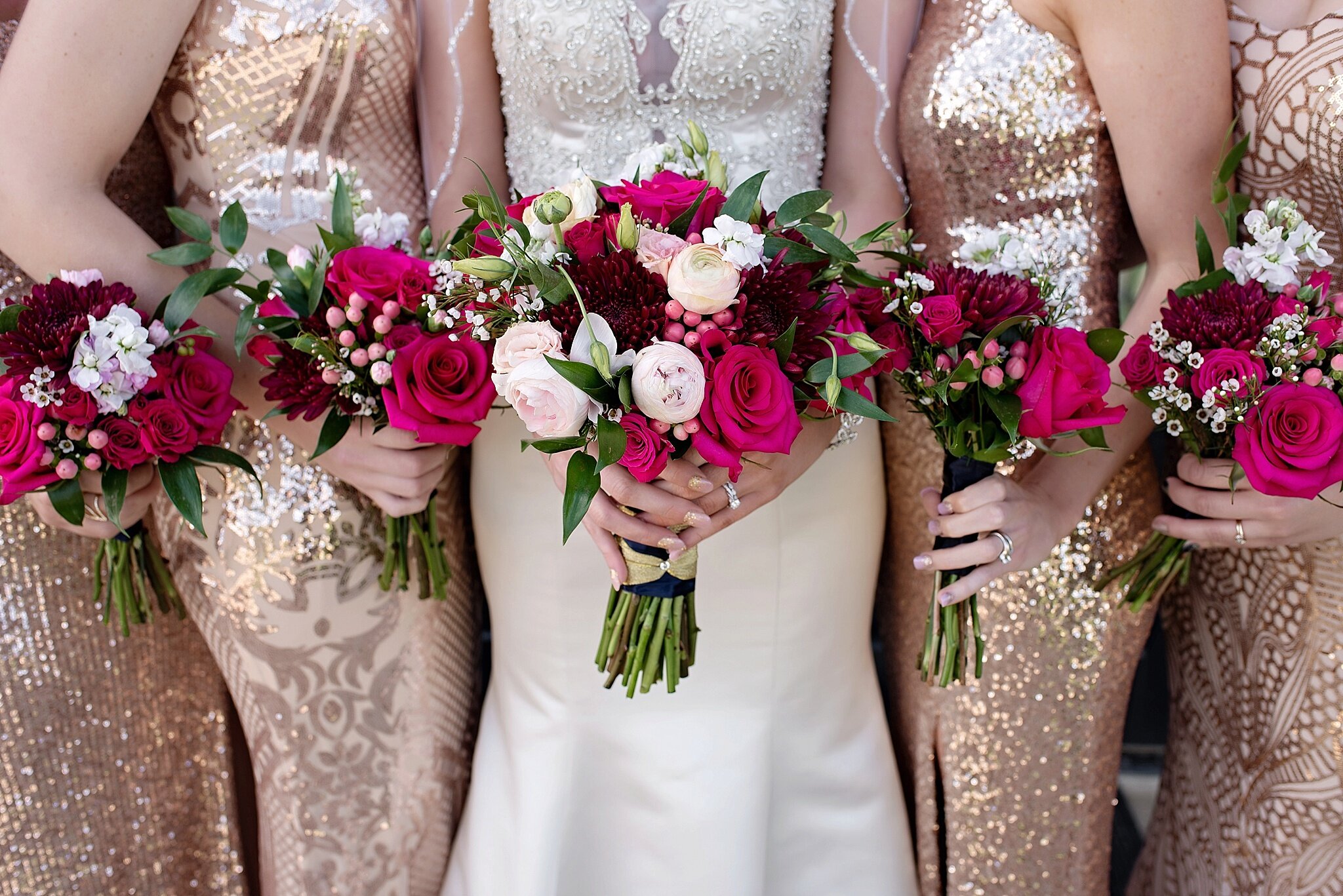 magenta blush and white bridal bouquet with coordinating bridesmaids bouquets