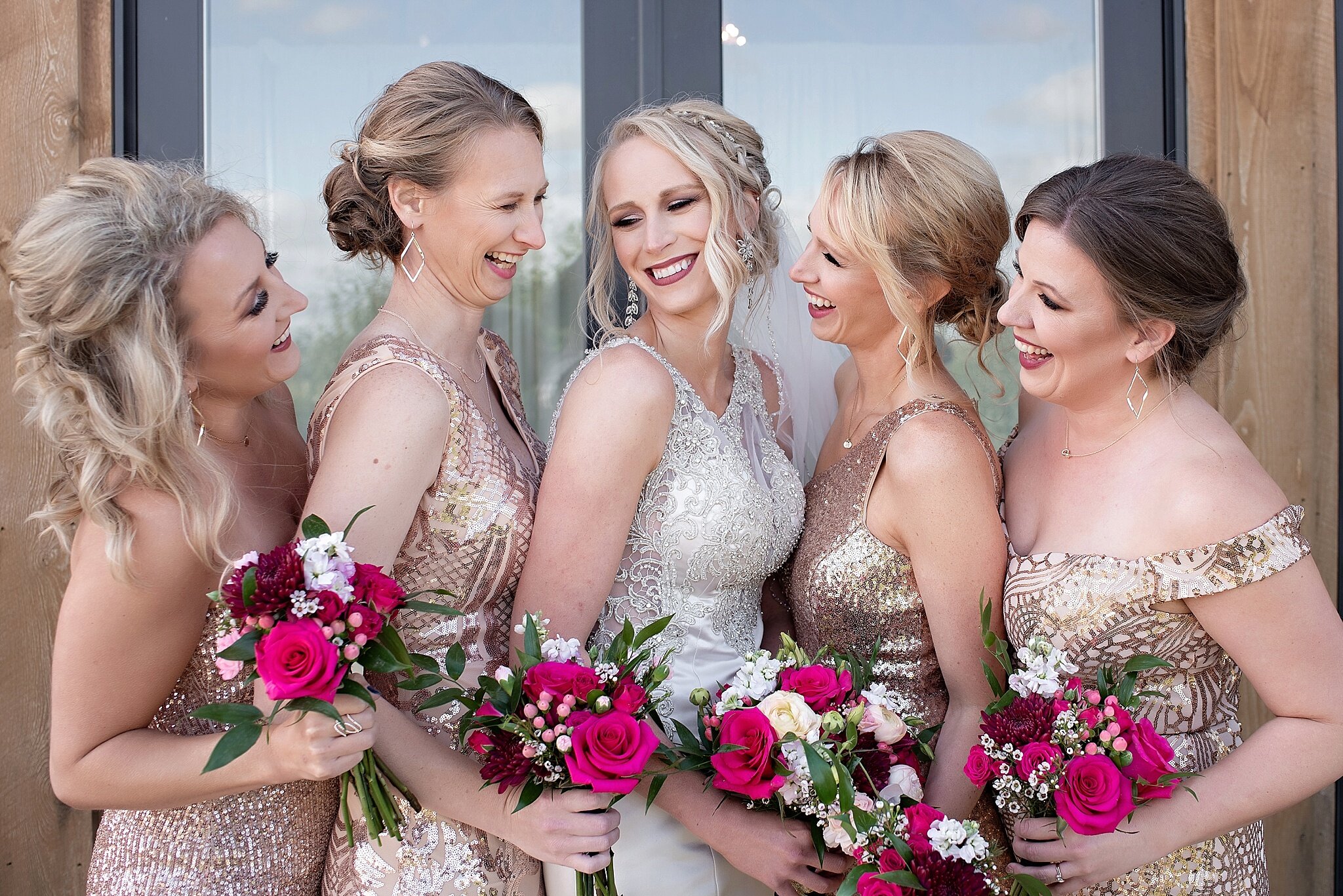 magenta blush and white bridal bouquet with coordinating bridesmaids bouquets