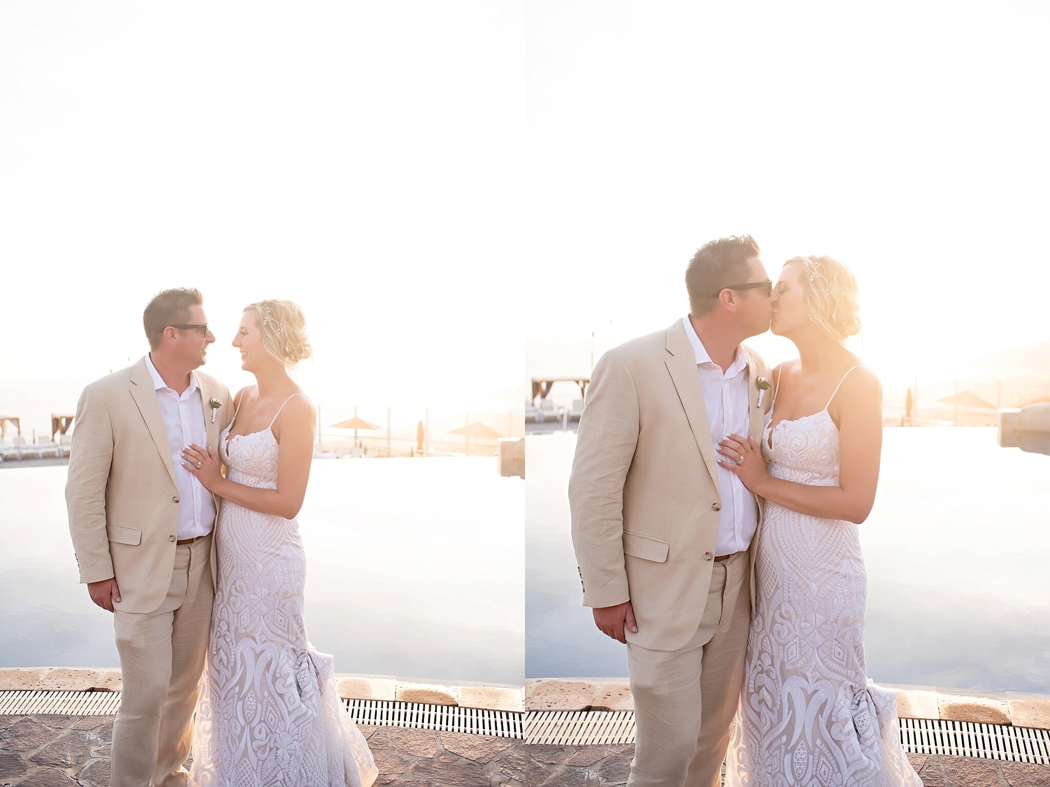 bride and groom portraits at rooftop poolside wedding reception destination pueblo bonito sunset beach mexico