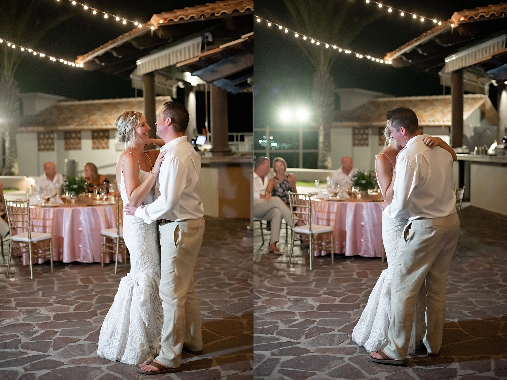 first dance at rooftop poolside wedding reception destination pueblo bonito sunset beach mexico