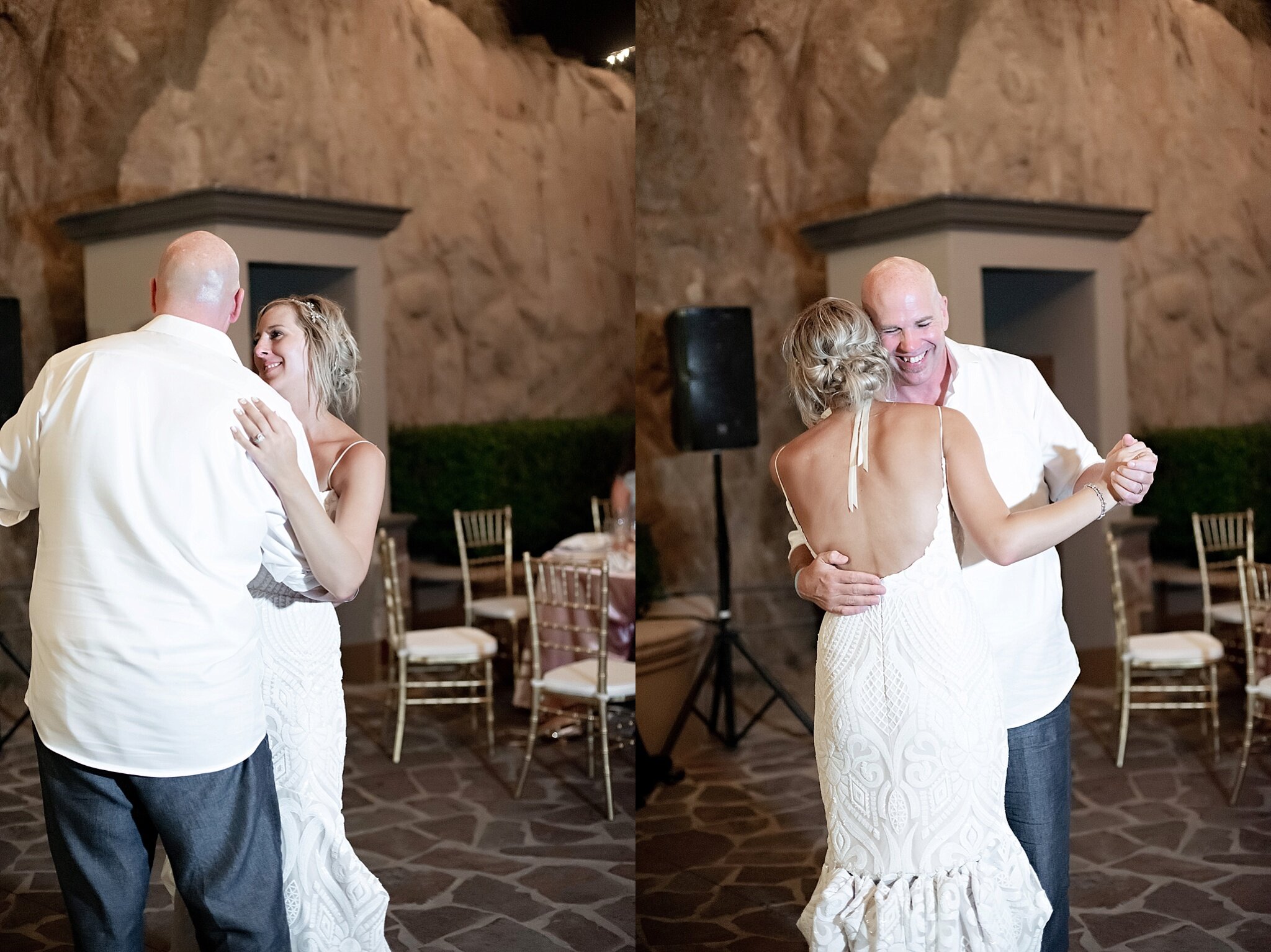father daughter dance at rooftop poolside wedding reception destination pueblo bonito sunset beach mexico