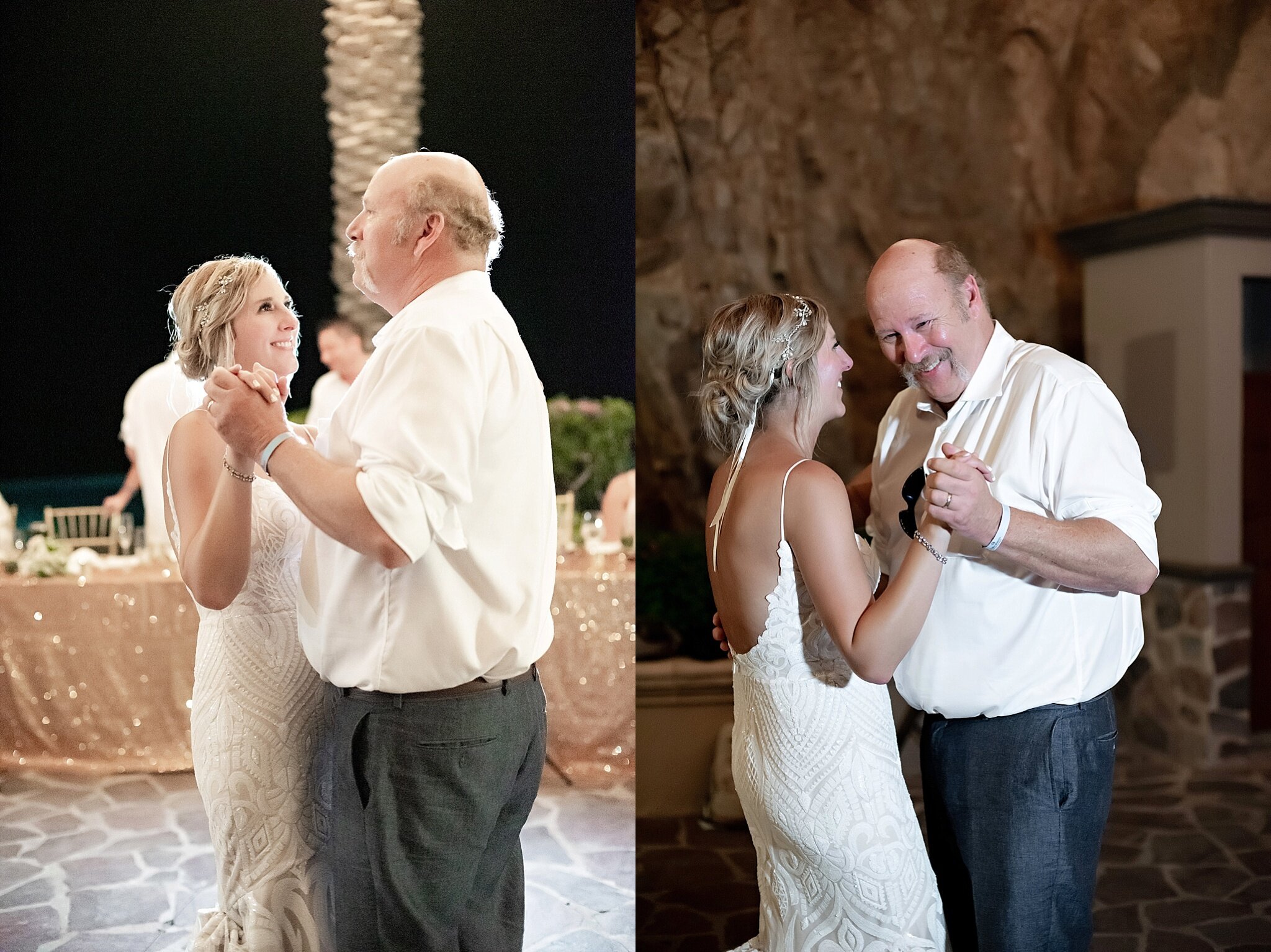 father daughter dance at rooftop poolside wedding reception destination pueblo bonito sunset beach mexico