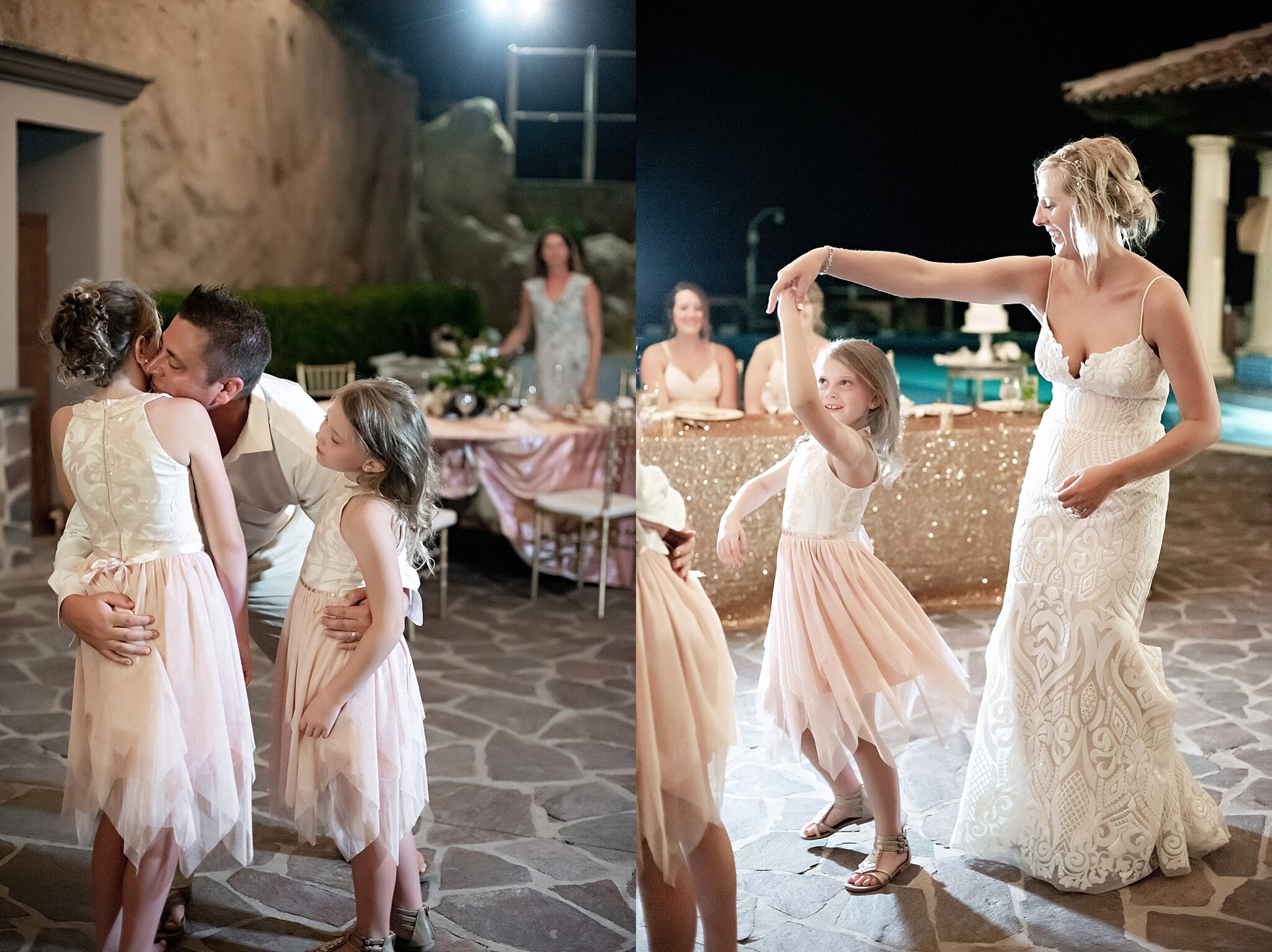bride and groom dance with daughters at rooftop poolside wedding reception destination pueblo bonito sunset beach mexico