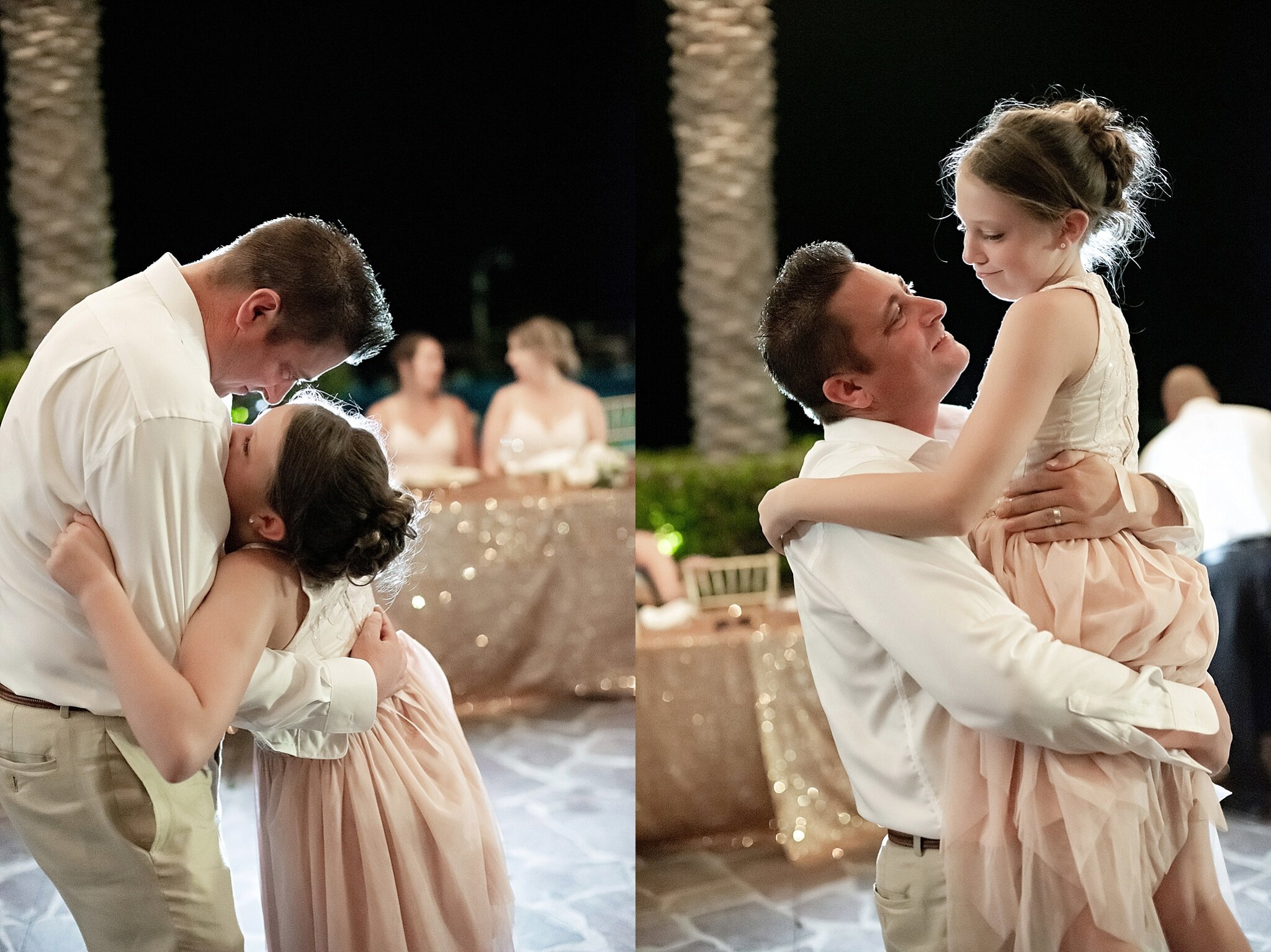 bride and groom dance with daughters at rooftop poolside wedding reception destination pueblo bonito sunset beach mexico