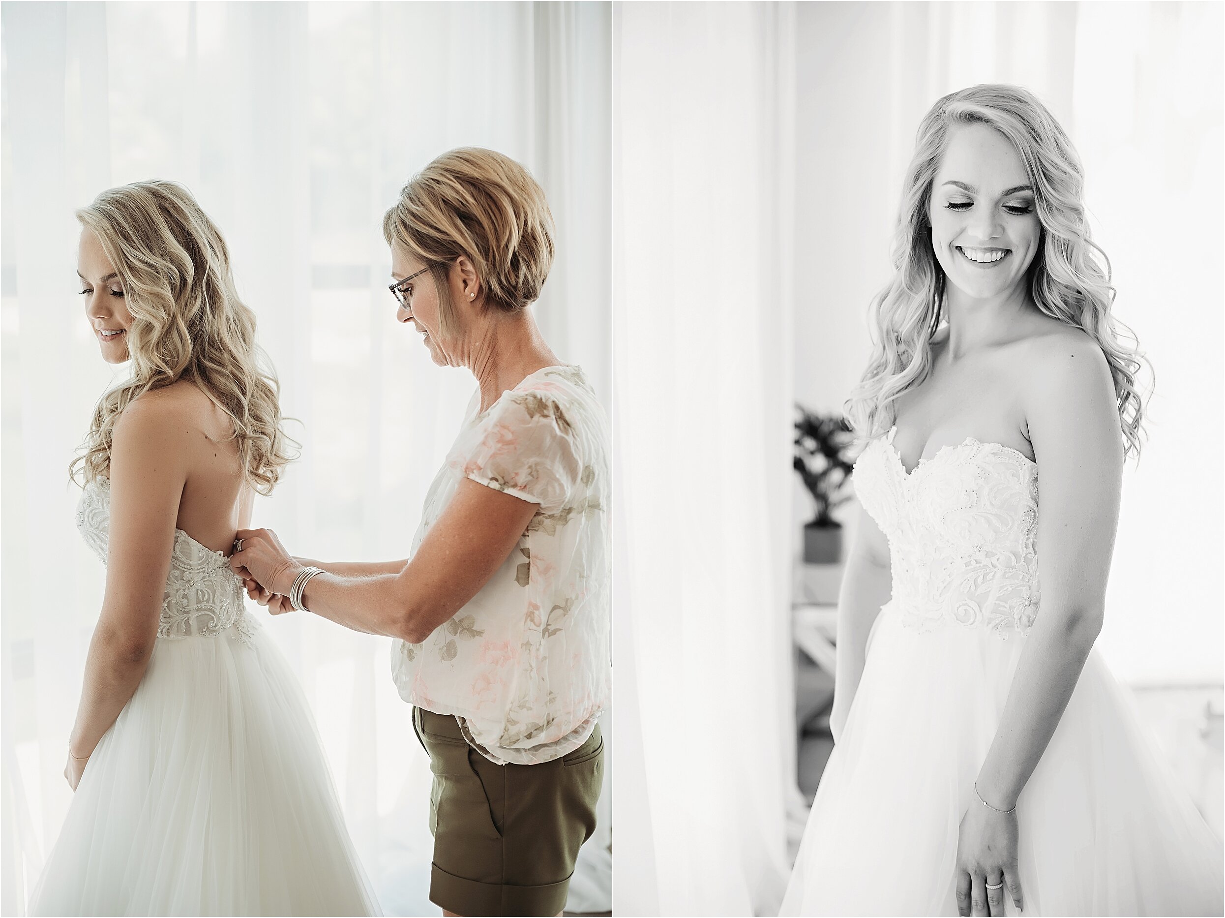 bride gets dressed in all white bridal suite