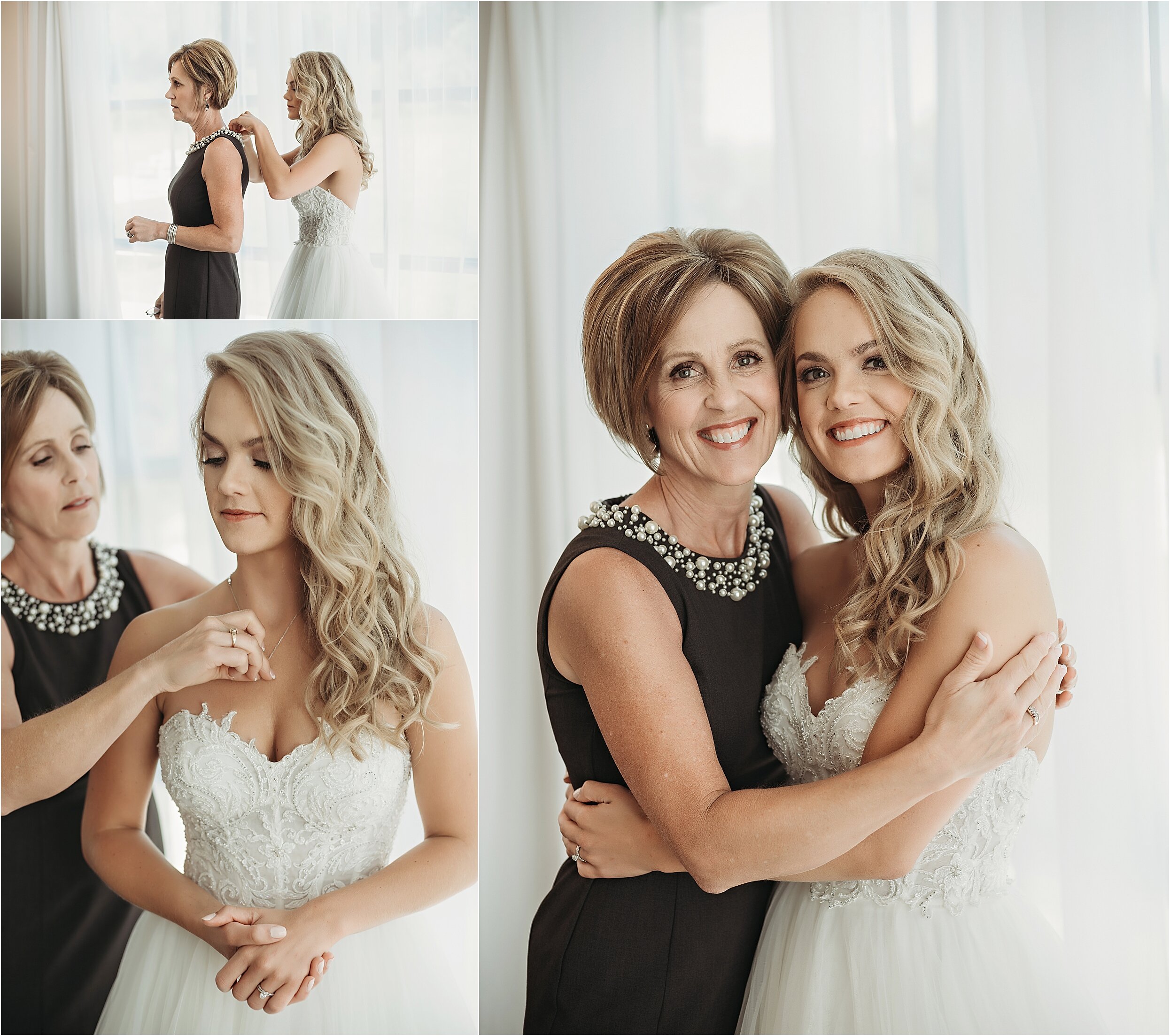 bride and her mother embrace as she gets ready to get married