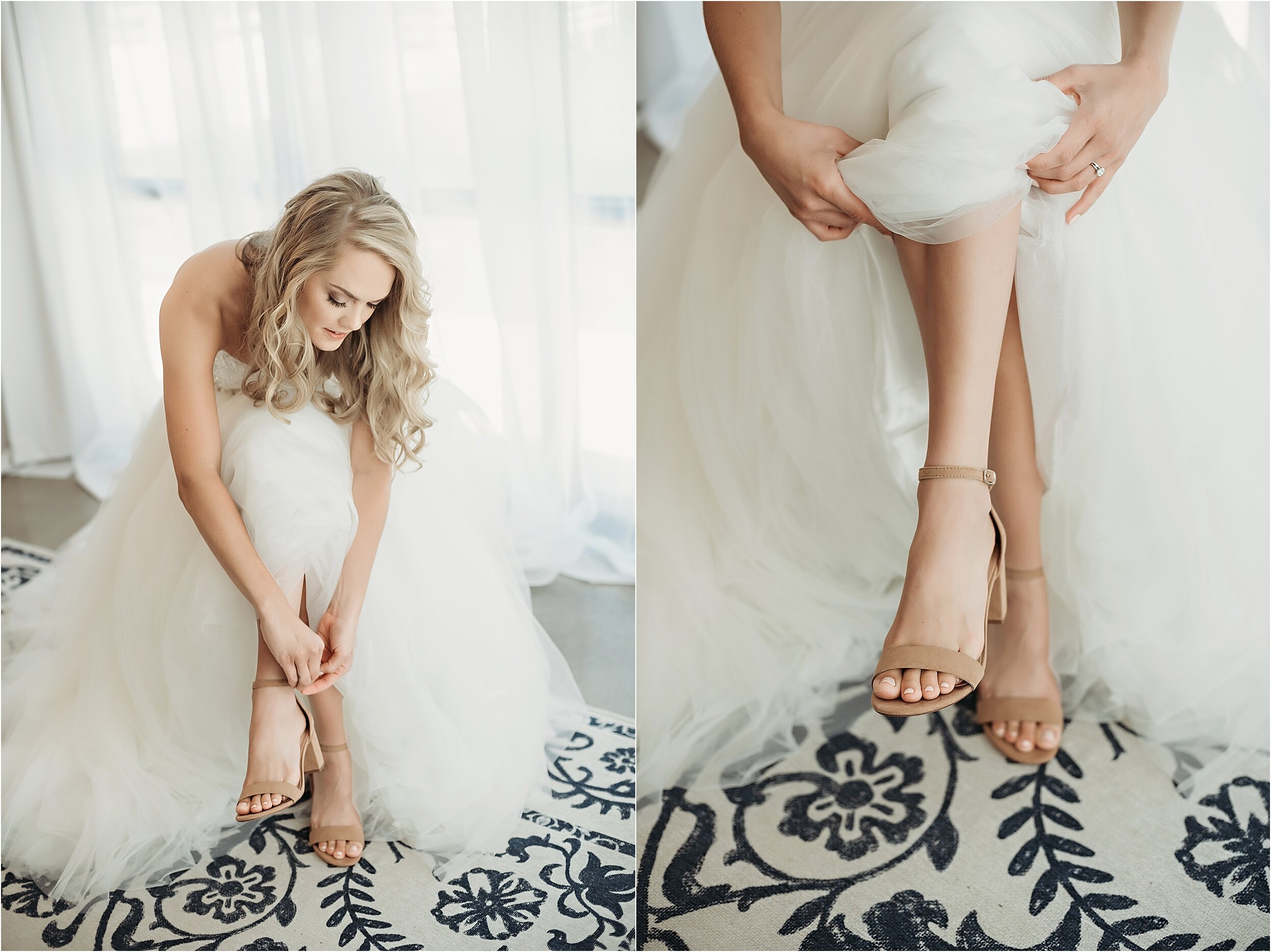 bride puts on her shoes in all white bridal suite